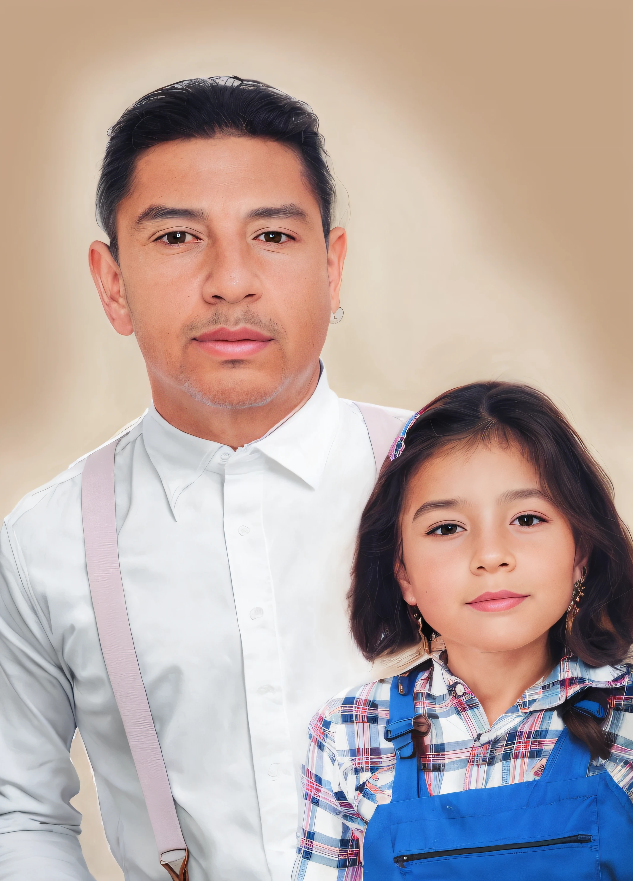 There's a man and a girl posing for a photo, foto realista, Pintura digtial, Arte digital pero foto, Arte digital!!, Retrato en color, dolor digital, imagen realista, Arte digital. @Mariomaniacdude, fotorrealista!!!!!!! Artistic style, Retrato de estudio realista, Jadeo digital, realismo artstyle, [ Arte digital ]!!