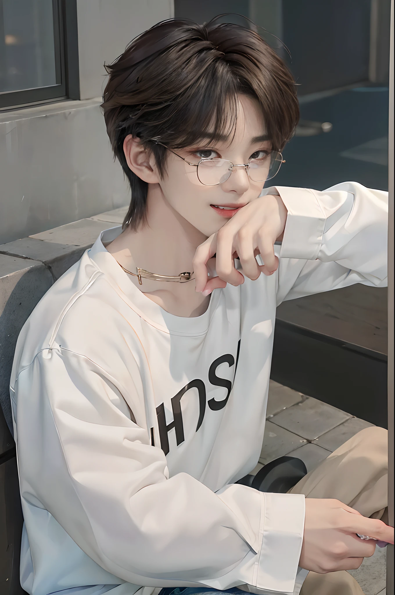 ((4K works))、​masterpiece、（top-quality)、((high-level image quality))、((One Manly Boy))、Slim body、((Attractive and sexy fashion))、((Men's Fashion))、((wears glasses))、(Detailed beautiful eyes)、In a fashionable city、Sitting on the curb and listening to music、Face similar to Chaewon in Ruseraphim、((short hair above the ears))、((Smaller face))、((Neutral face))、((Light brown eyes))、((Korean boy))、((18year old))、((Handsome man))、((Teeth and smile expression))、((Korean Makeup))、((elongated and sharp eyes))、((photo of a model))、((Like a celebrity))、Professional Photos、((Shot alone))、((Sitting on the curb and listening to music through headphones))、((He sits in front of the viewer))、((Shot diagonally up from the front))、((Hold your iPhone in your hand、Look at your iPhone screen))