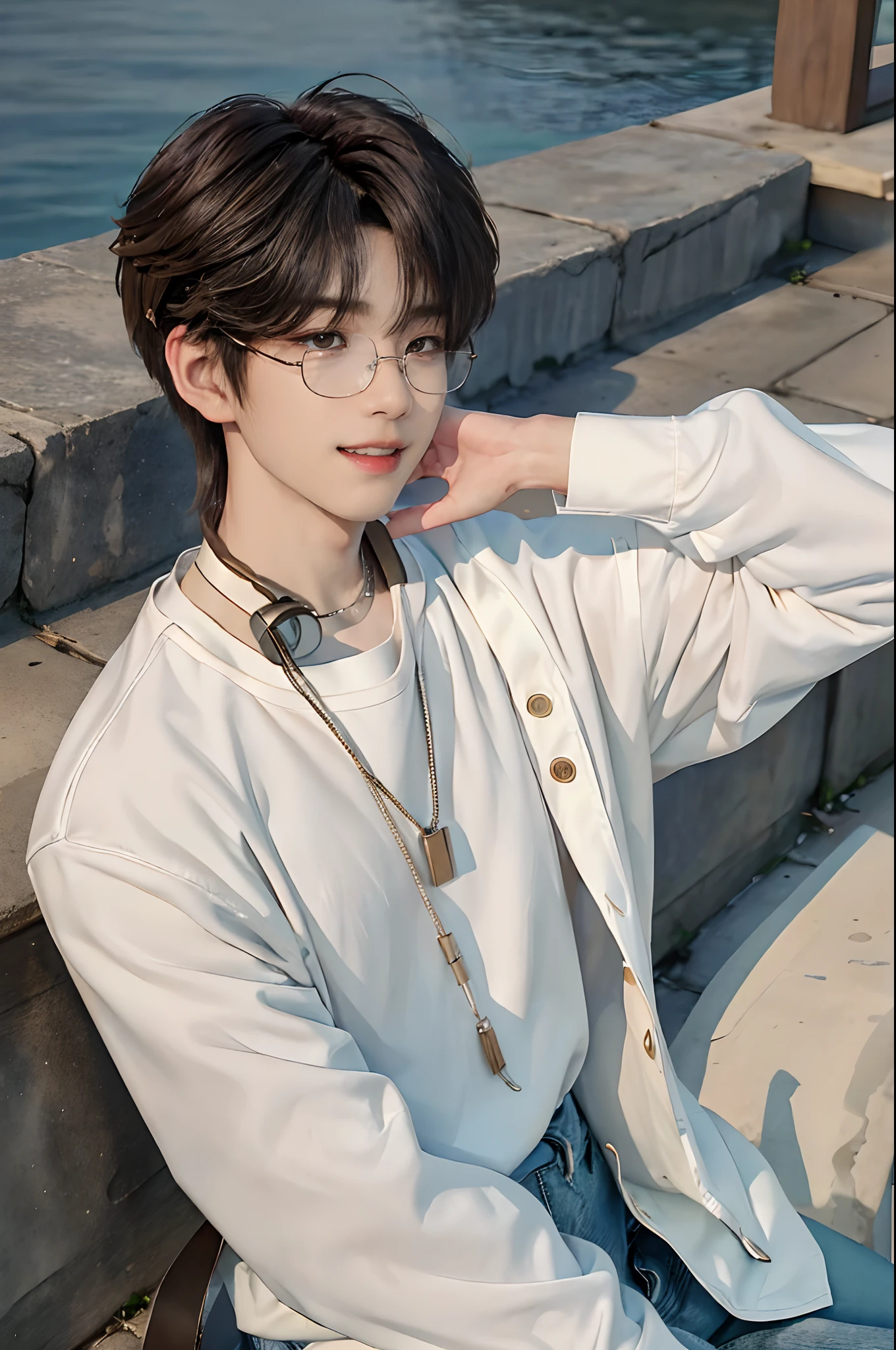 ((4K works))、masterpiece、(top-quality)、((high-level image quality))、((One Manly Boy))、Slim body、((Attractive and sexy fashion))、((Men's Fashion))、((wears glasses))、(Detailed beautiful eyes)、In a fashionable city、Sitting on the curb and listening to music、Face similar to Chaewon in Ruseraphim、((short hair above the ears))、((Smaller face))、((Neutral face))、((Light brown eyes))、((Korean boy))、((18year old))、((Handsome man))、((Teeth and smile expression))、((Korean Makeup))、((elongated and sharp eyes))、((photo of a model))、((Like a celebrity))、Professional Photos、((Shot alone))、((Sitting on the curb and listening to music through headphones))、((He sits in front of the viewer))、((Shot diagonally up from the front))、((Hold your iPhone in your hand、Look at your iPhone screen))