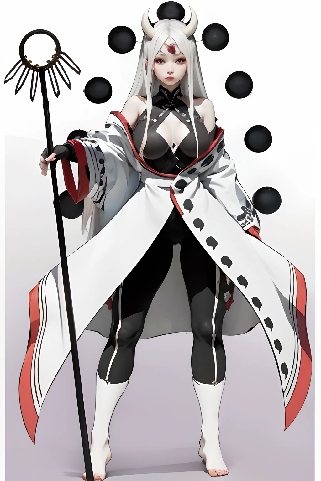 masterpiece,best quality,highly detailed,ultra-detailed,an extremely delicate and beautiful,masterpiece,1girl, solo,kaguya,mature female, long hair, absurdly long hair, third eye,horns, pale skin,white short eyebrows, otsutsuki kimono, floating hair, looking at viewer,t, walking, flipflops, full body
