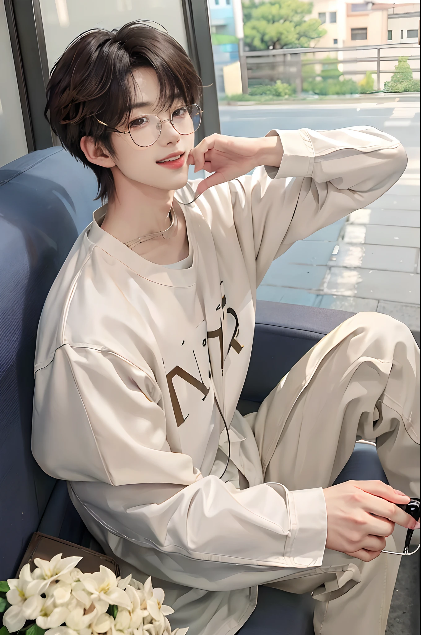 ((4K works))、masterpiece、(top-quality)、((high-level image quality))、((One Manly Boy))、Slim body、((Attractive and sexy fashion))、((Men's Fashion))、((wears glasses))、(Detailed beautiful eyes)、In a fashionable city、Sitting on the curb and listening to music、Face similar to Chaewon in Ruseraphim、((short hair above the ears))、((Smaller face))、((Neutral face))、((Light brown eyes))、((Korean boy))、((18year old))、((Handsome man))、((Teeth and smile expression))、((Korean Makeup))、((elongated and sharp eyes))、((photo of a model))、((Like a celebrity))、Professional Photos、((Shot alone))、((Sitting on the curb and listening to music through headphones))、((He sits in front of the viewer))、((Shot diagonally up from the front))、((Hold your iPhone in your hand、Look at your iPhone screen))