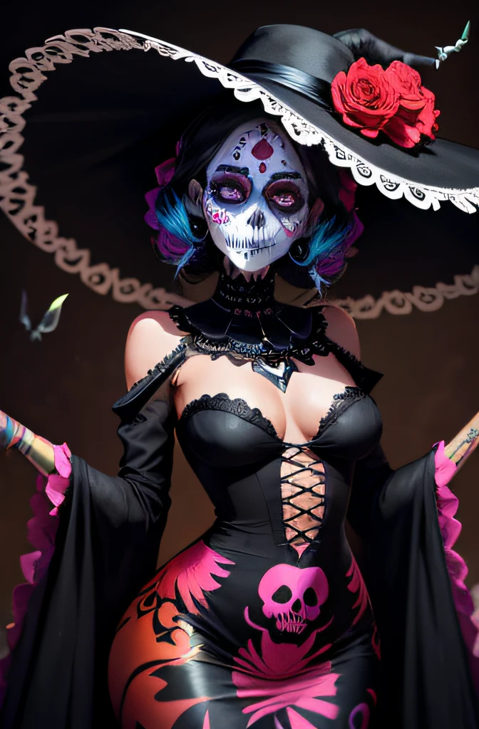 Woman, Catrina, Colored, full body, tight dress, Colorful outfit, Facepaint Skull Day of the Dead style, dark toned skin color, flowers on her head, Big black hat