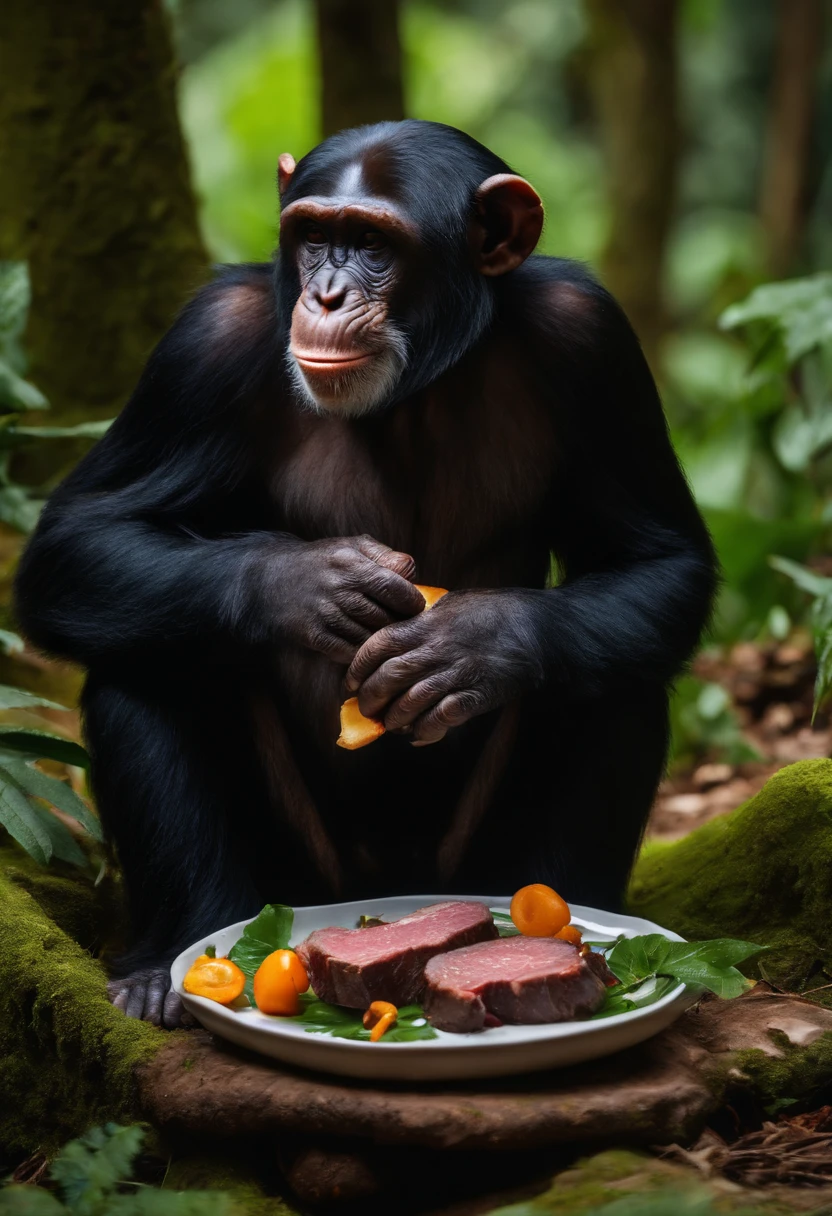realismo, 4k, Chimpanzee monkey, eating steak,corpo inteiro, sorridente, em uma floresta
