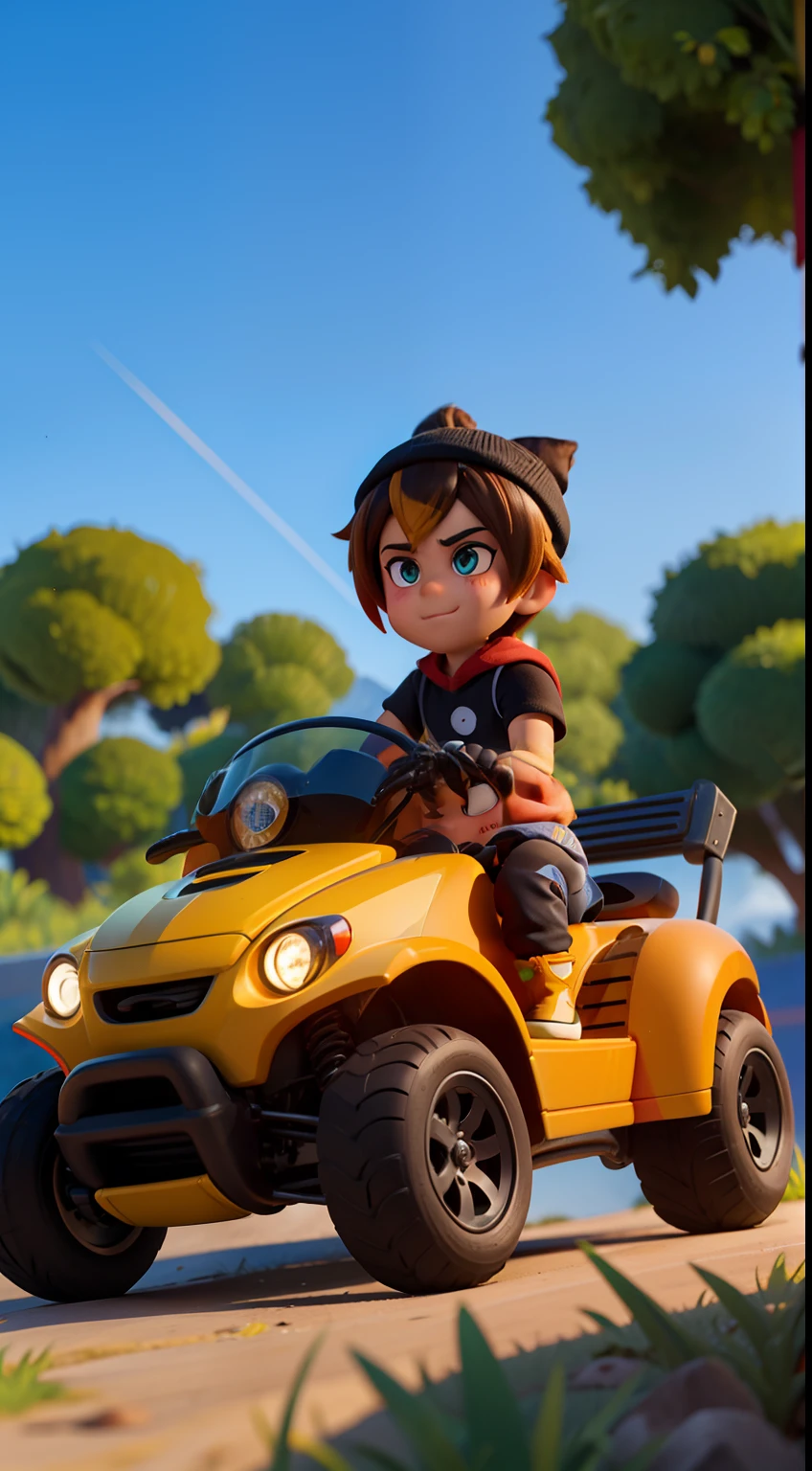 Personajes de Genshin impact Zhongli con ropa deportiva tipo de carreas arriba de un automovil estilo cartoon color negro con toques dorados y de fondo en una autopista estilo cartoon muy similar a CTR de crash team racing, con un toque muy disney, autos de carreras, arriba de un auto, fondo en un bosque con carretera