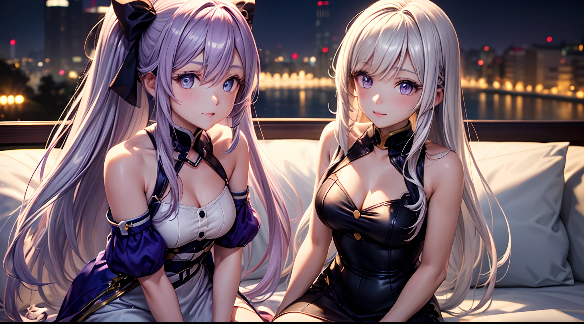 Ultra-detailed, hight resolution, Extremely detailed,Beautiful detailed girl、(purple color  hair、Shining eyes、Beautiful eyes in the city shining in seven colors), enterprise、 [[azur lane style:1.tyle image of two women, Cute,two beautiful anime girls, Hair Bow, Long hair, Pink hair, Bow, ​masterpiece, top-quality, Hi-Res,Purple hair, White silver hair、Sit on the bed、realisitic、small tits、tuality, [３D image:1.15]、[8k picture:1.15]、Three-dimensional feeling, top-quality、gals、