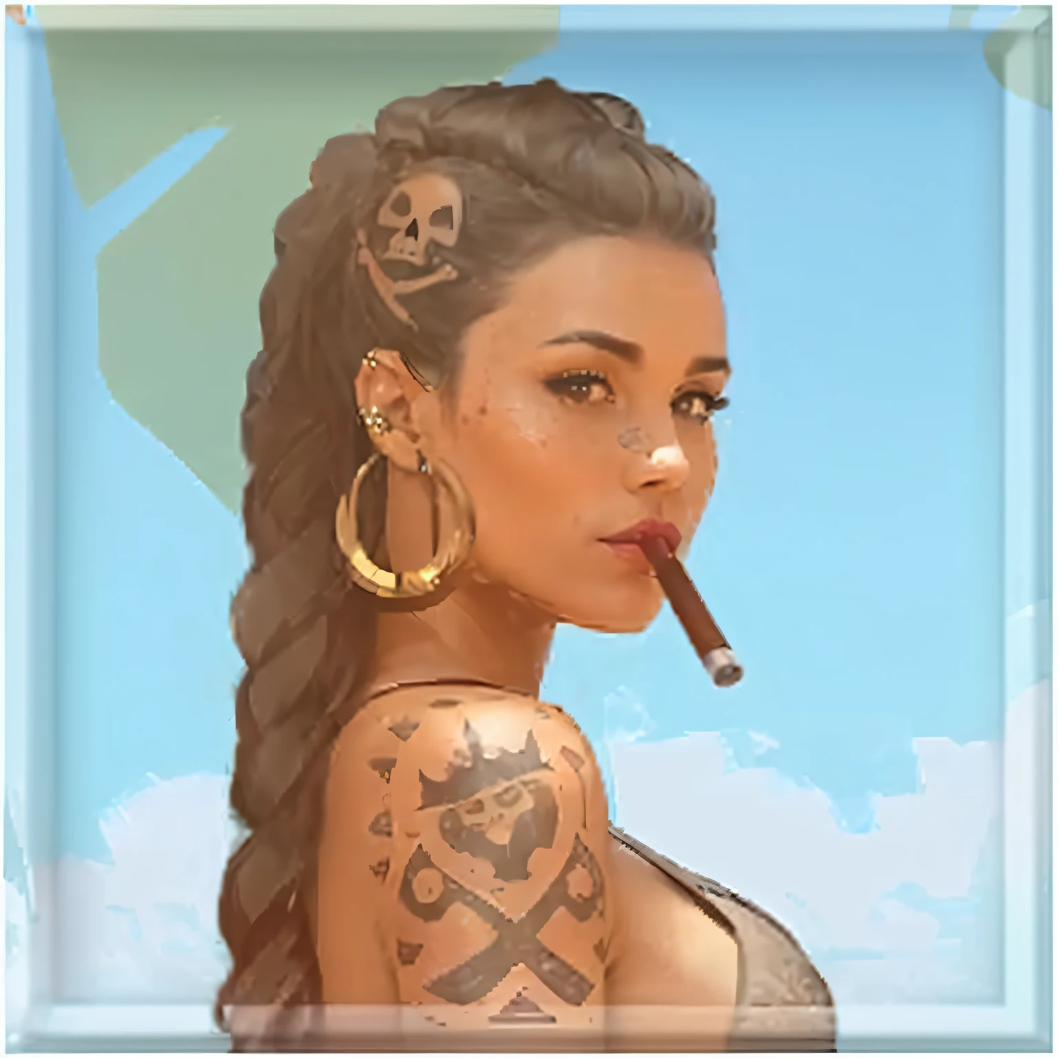 Woman with a tattoo on her arm and a cigarette in her mouth, stylized portrait, avatar image, featured art, pirate portrait, character art portrait, high detail portrait, dramatic lighting (best quality,4k,8k,highres,masterpiece:1.2),ultra-detailed,(realistic,photorealistic,photo-realistic:1.37)