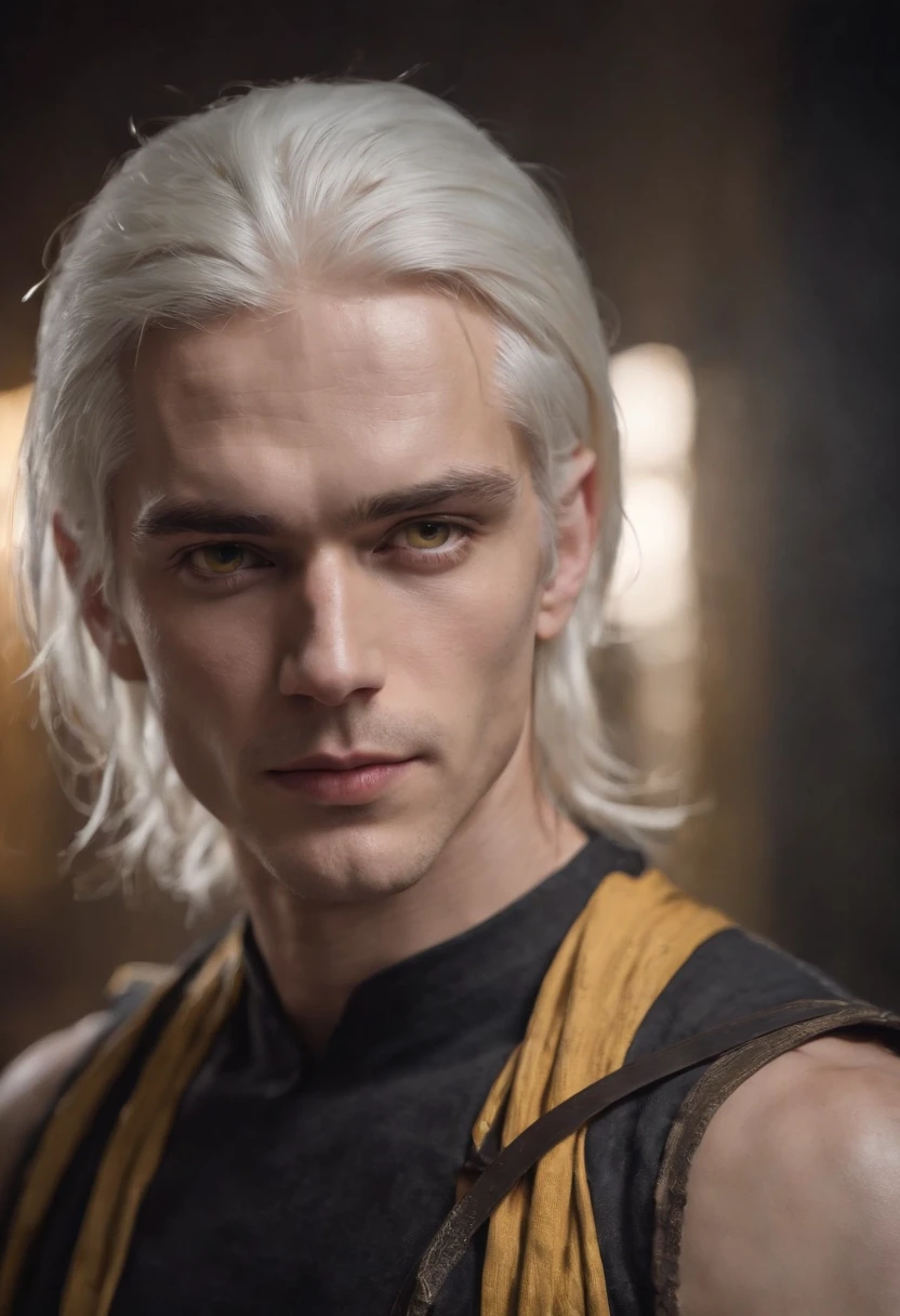 YOUNG MAN WITH STRAIGHT WHITE HAIR WITH YELLOW EYES WITH BODY FULL OF WRITING AND BANDS COVERING HIS PECTORAL AND FOREARMS