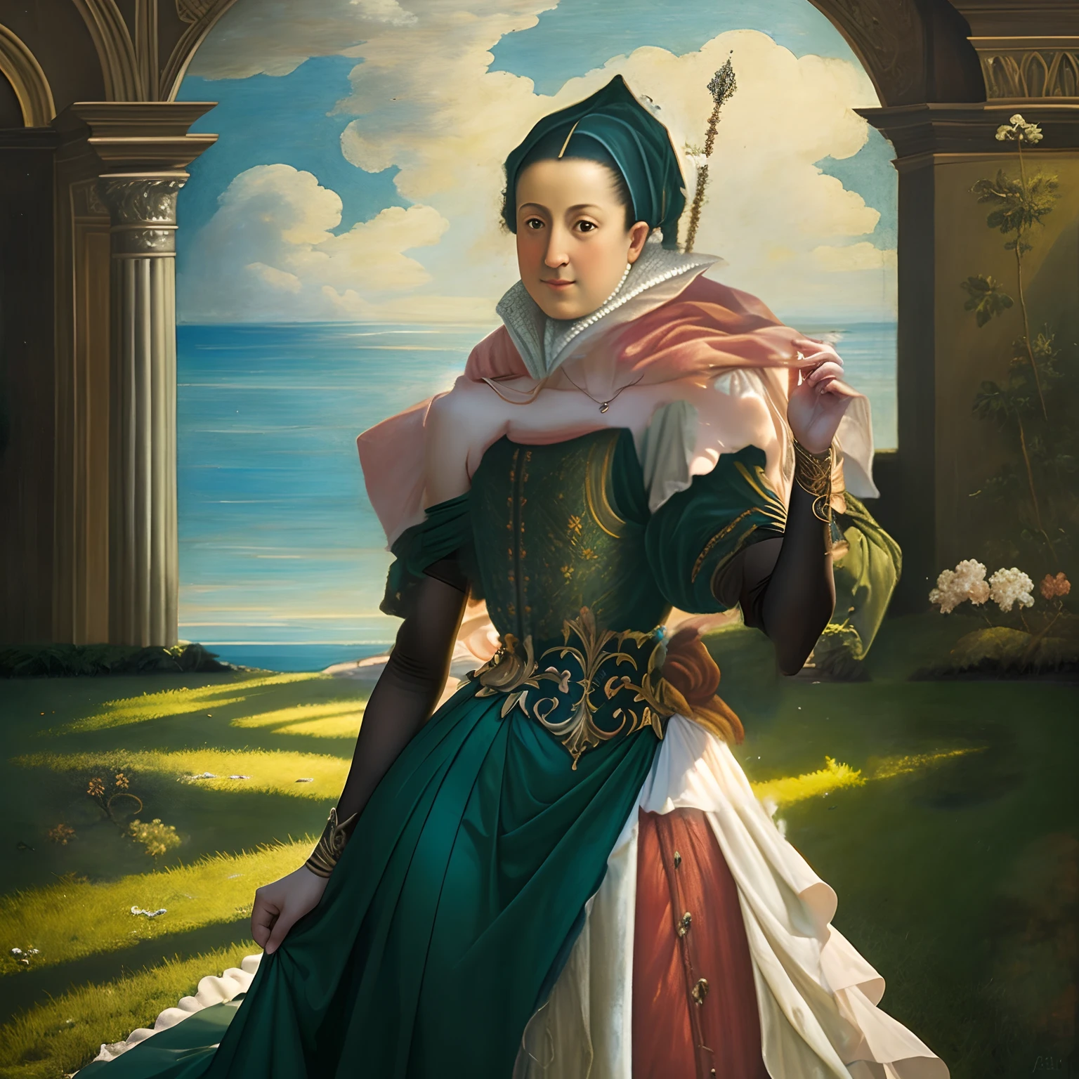 Blue sky like sea, baleias flutuando sob as nuvens, pintura antiga, pintura renascentista estilo de Sofonisba Anguissola