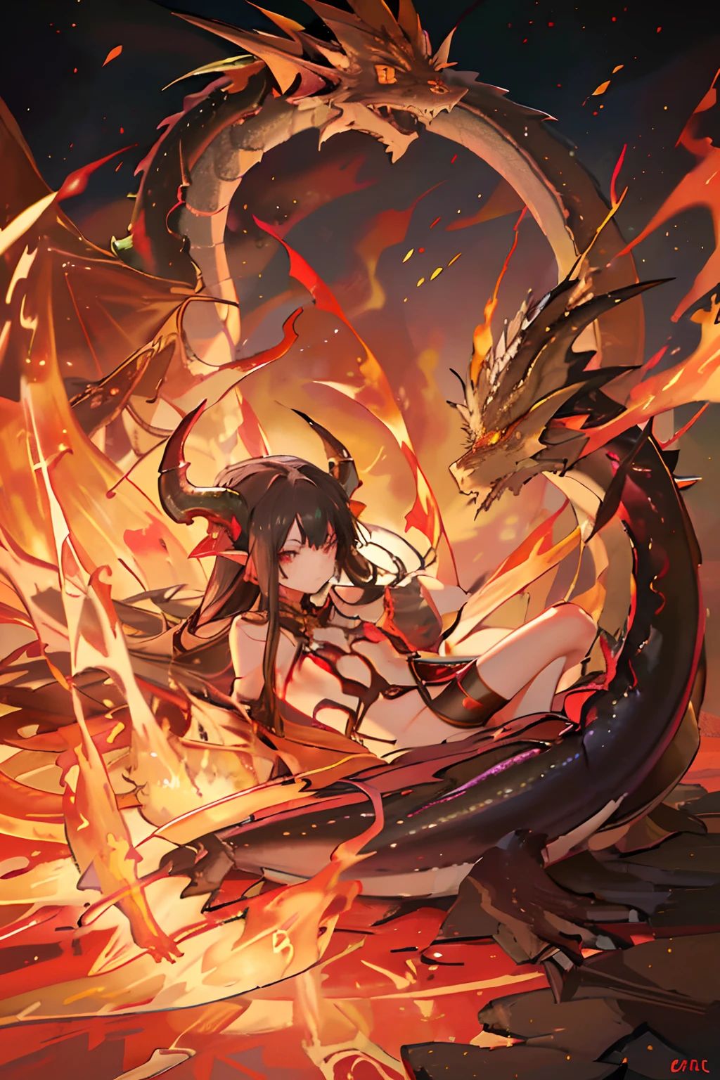 a girl (((flat chest))) ,She rise from a lava pit, she has horns, some kind of demon from the earth core, She's wearing a micro bikini, and her expression is a mix of wonder and amazement (((looking at herself))) ((((Dragon made of fire)))) ((((fire dargon))) (((translucid dragon))) swirling on the scene, Fire themed art piece