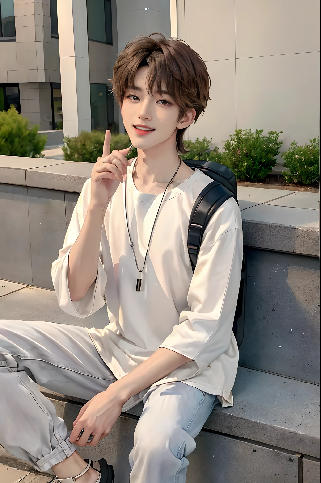 asian young man, fair skin, small, thin, sitting in inside cafe, looking at camera, smiling, freshman, university, white t-shirt, blue checked pattern, date vibe