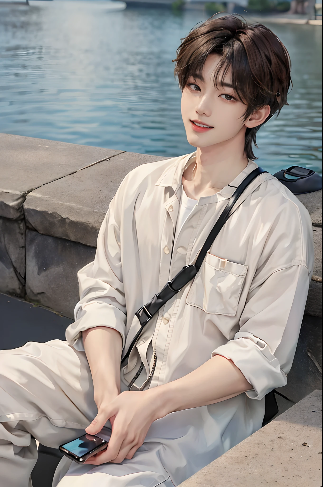 ((4K works))、​masterpiece、（top-quality)、((high-level image quality))、((One Manly Boy))、Slim body、((Attractive and sexy fashion))、((Men's Fashion))、((Holding a backpack and iPhone in hand))、(Detailed beautiful eyes)、In a fashionable city、Sitting on the curb and listening to music、Face similar to Chaewon in Ruseraphim、((short hair above the ears))、((Smaller face))、((Neutral face))、((Light brown eyes))、((Korean boy))、((18year old))、((Handsome man))、((Teeth and smile expression))、((Korean Makeup))、((elongated and sharp eyes))、((photo of a model))、((Like a celebrity))、Professional Photos、((Shot alone))、((Sitting on the curb and listening to music through headphones))、((He sits in front of the viewer))、((Shot diagonally up from the front))、((Hold your iPhone in your hands、Look at your iPhone screen))