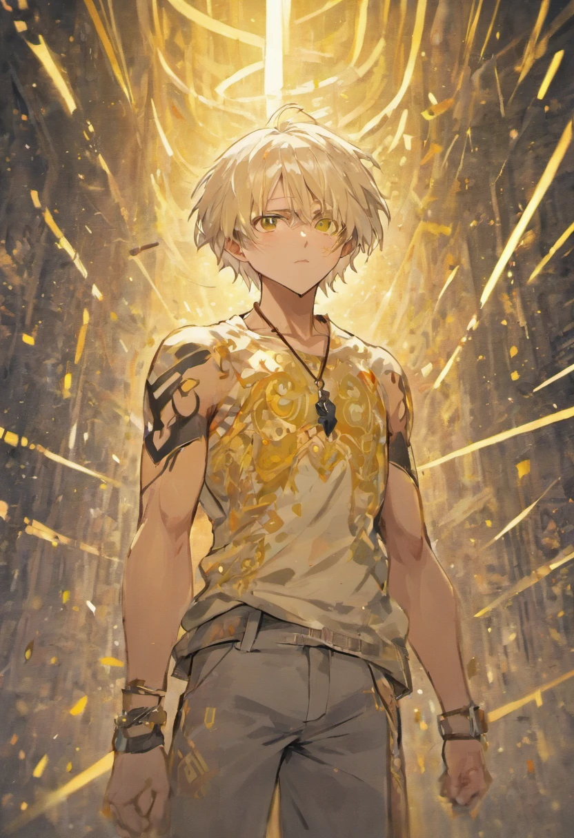 YOUNG MAN WITH STRAIGHT WHITE HAIR WITH YELLOW EYES WITH BODY FULL OF WRITING AND BANDS COVERING HIS PECTORAL AND FOREARMS