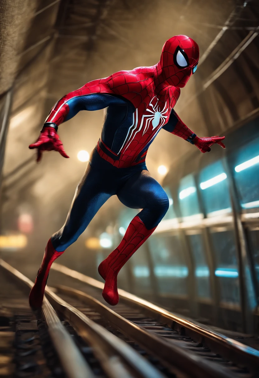Spider-Man running on sci-fi rails with his spider web claws