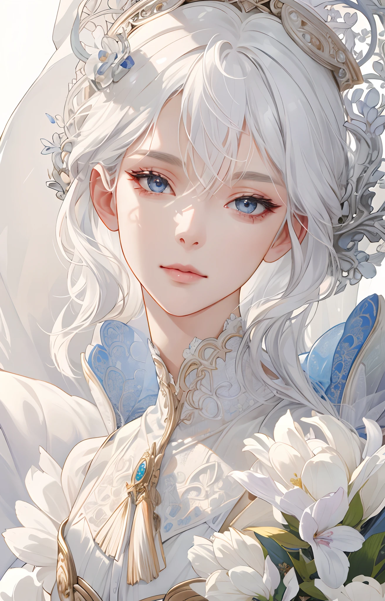 (Extremely Delicate and Beautiful:1.2), 8K ,(Masterpiece:1.0),(best_quality:1.0), 1girl, mature woman, complex details, enlarged textures, complex details, finely detailed eyes and detailed face, intricate details, white hair, (closed mouth), perfect eyes, equal eyes, (goddess), perfect body, extremely detailed