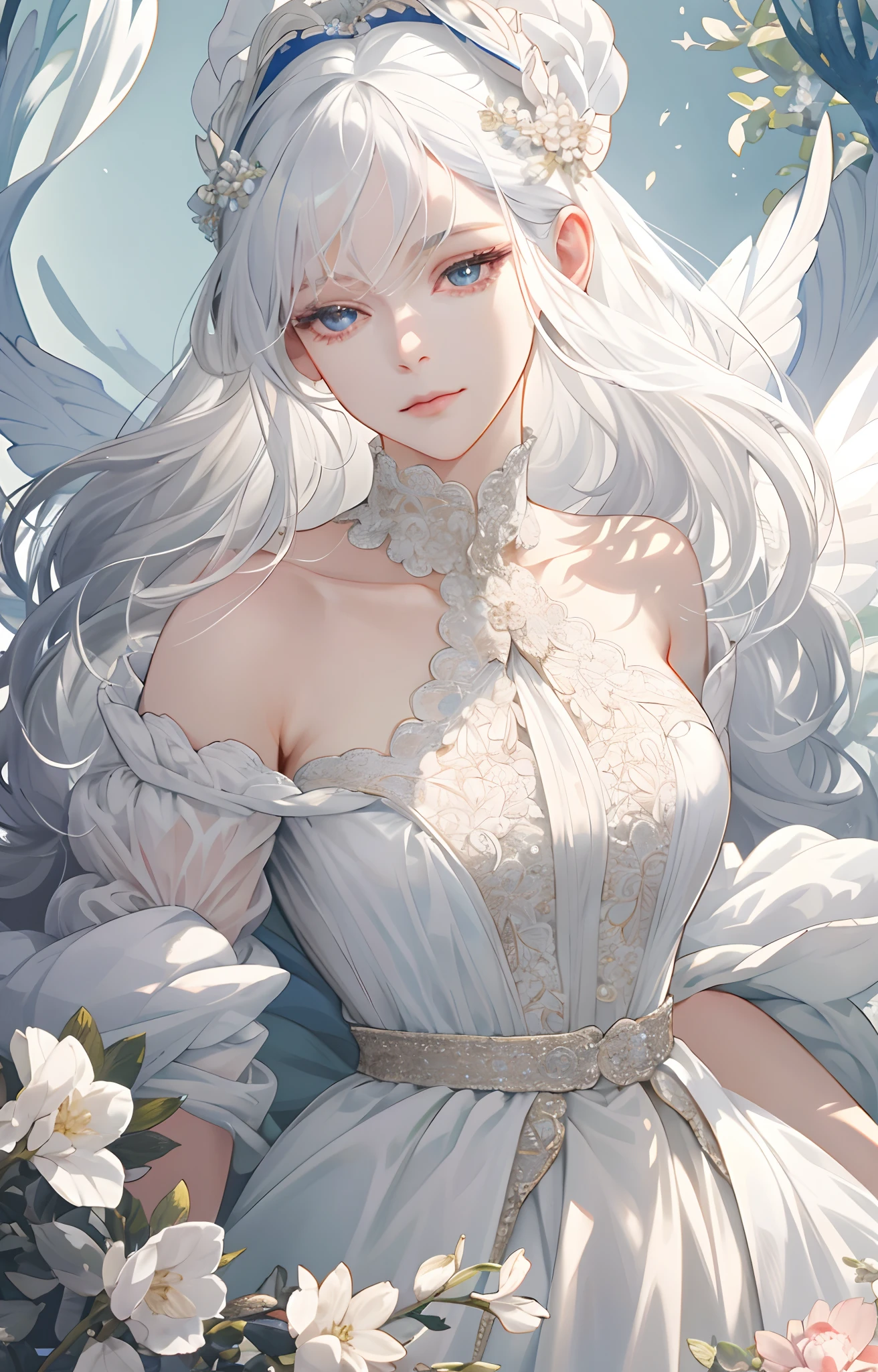 (Extremely Delicate and Beautiful:1.2), 8K ,(Masterpiece:1.0),(best_quality:1.0), 1girl, mature woman, complex details, enlarged textures, complex details, finely detailed eyes and detailed face, intricate details, white hair, (closed mouth), perfect eyes, equal eyes, (goddess), perfect body, extremely detailed