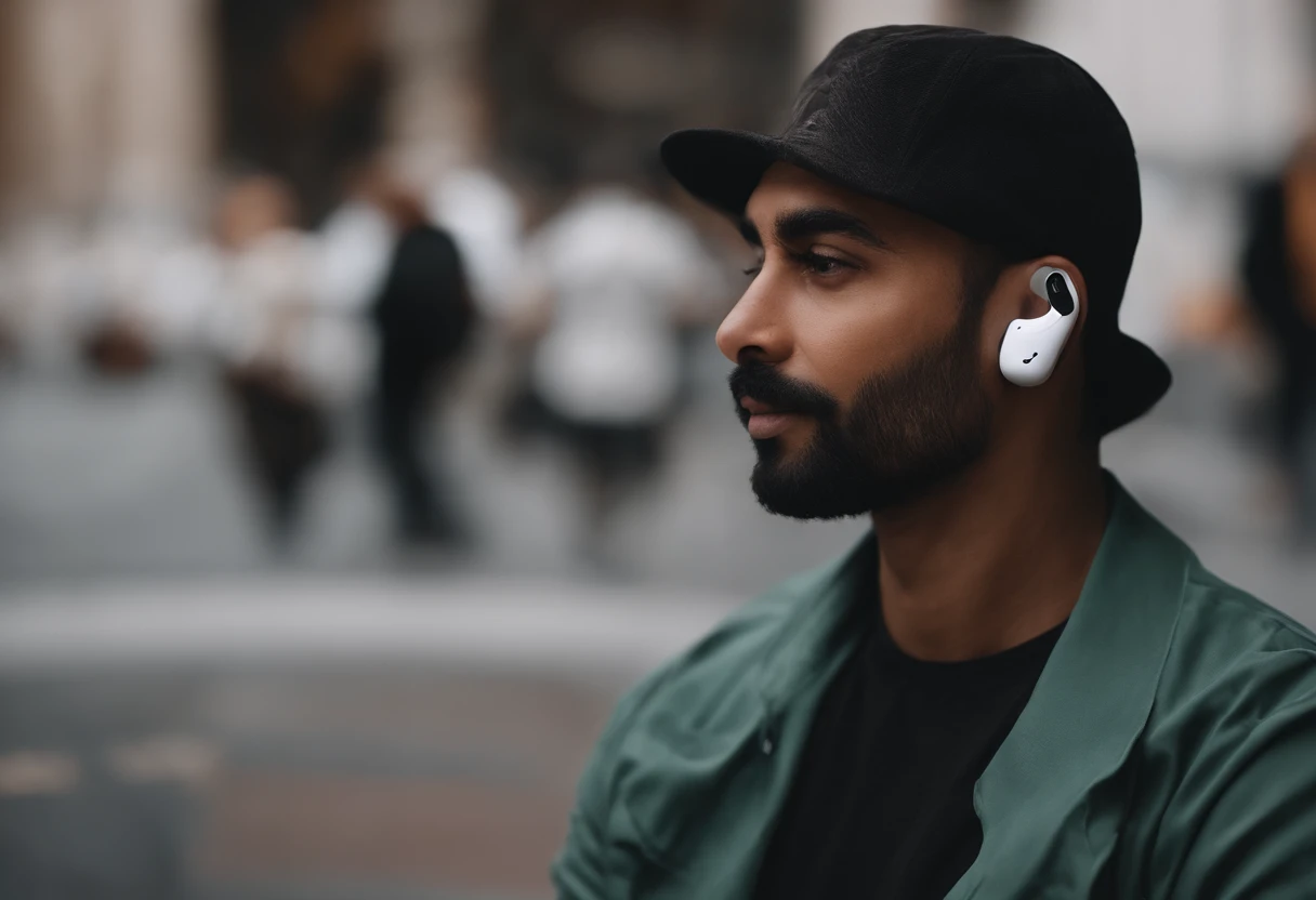 Retrato de um pai, utilizando airpods, fone de ouvido, fone de ouvido sem fio, (fundo preto e branco)