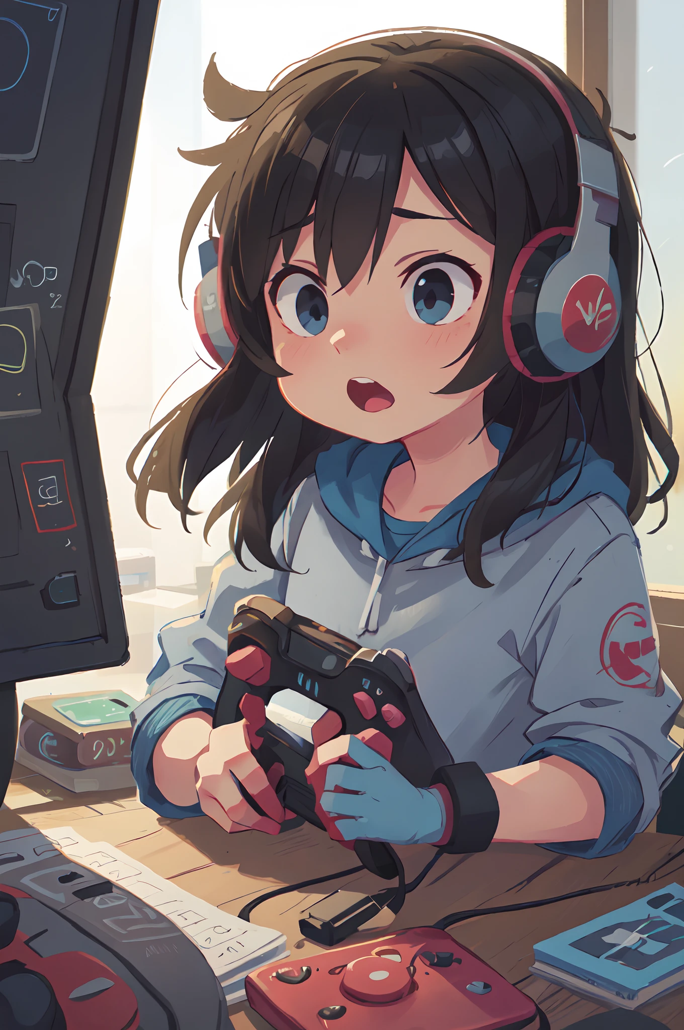 (masterpiece), (highest quality), (illustration), (super detailed), (high resolution), absurdity,1boy,solo,headphones,gaming chair,computer keyboard,desk,game controller,holding game controller,indoors,monitor,looking at viewer,black shirt,orange shorts,mind control,hypnotized,empty eyes,blush,curvy,small breasts
