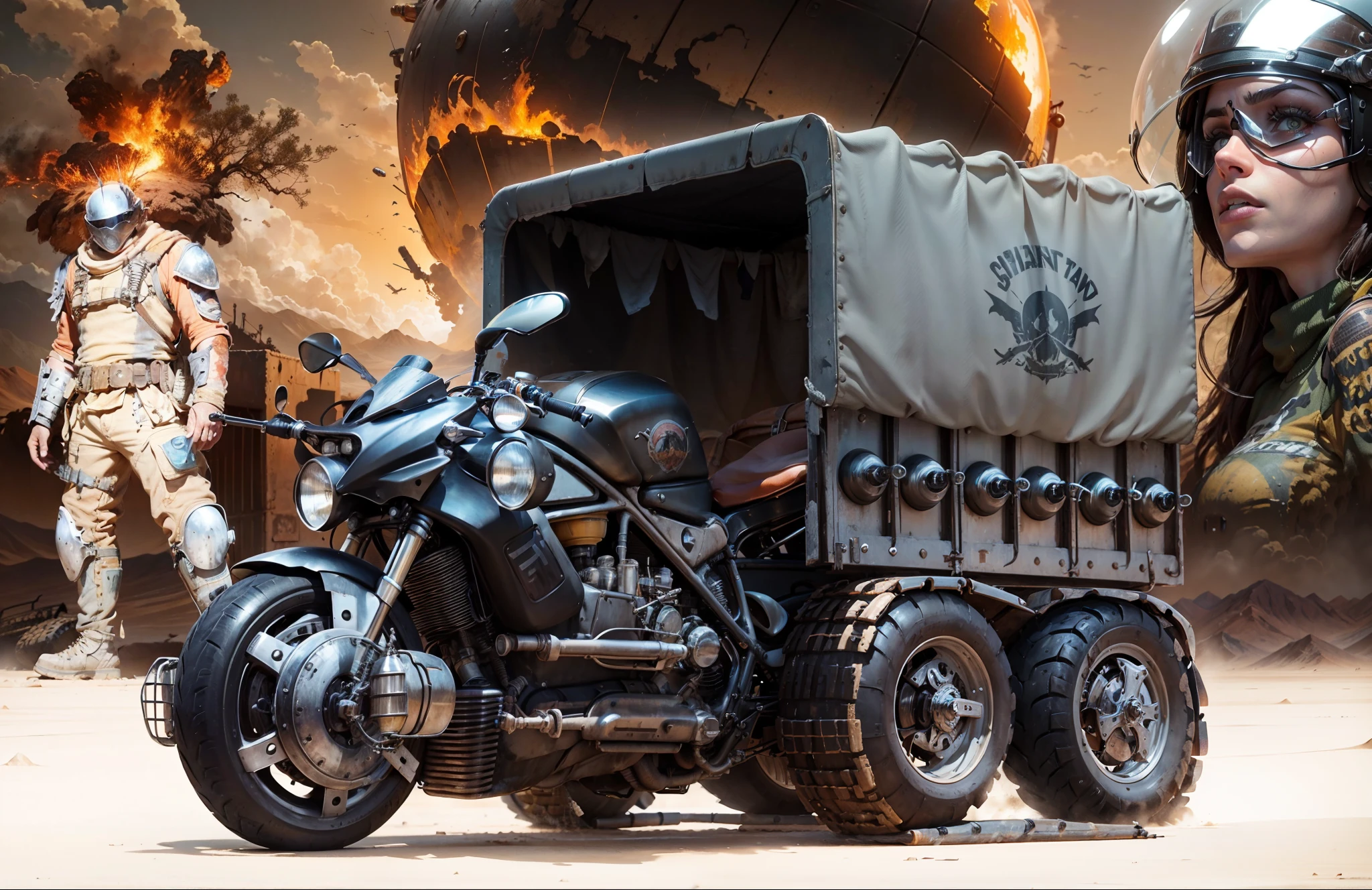 Uma Motocicleta com lagartas e bagageiro GRUNGE no poderoso estilo Mad Max com torpedos e turbina, behind is a pilot in Mad Max style clothes and on the other side a beautiful Mad Max-style warrior woman and in the background explosions in the middle of the desert with buildings and buildings and explosions in the Mad Max style, The whole scene is in orange yellow hues of the dry desert with a sun shining in the sky