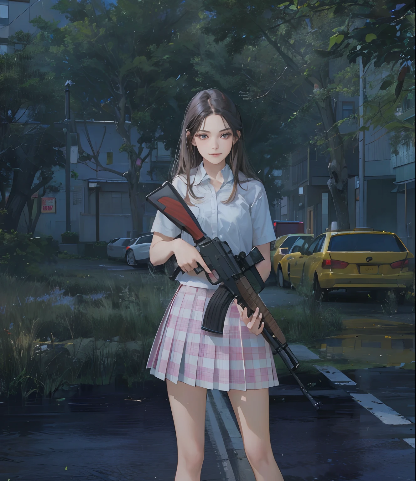 (Best Quality,4K,High resolution), 18yo woman, Red highlights on black hair, Long hair, Straight hair, Cool Woman, Cold eyes,smil , Intricately drawn, Realistic portrayal,outside of house,On the way home from school,female high-school student,School Uniforms,Navy blue skirt,summer clothing, shortsleeves,holding an AK47,turned around ,