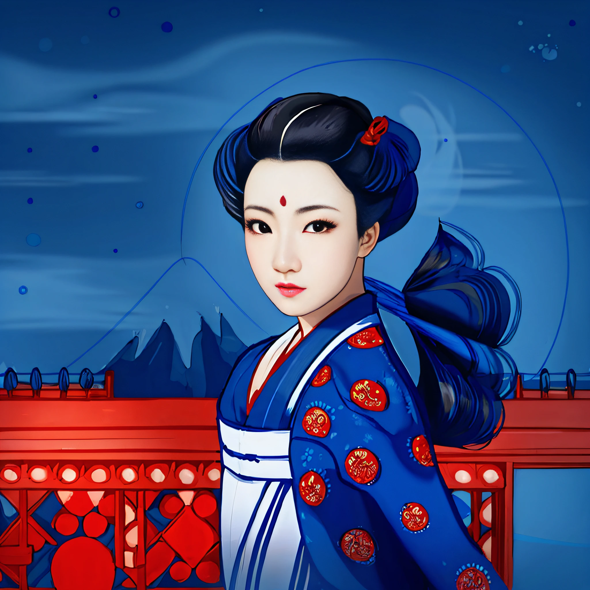 pintura de uma mulher gueixa em um quimono azul, adorned with lotus flowers, com uma lua laranja no fundo, A starry night sky, e uma montanha coberta de neve, japanese art style, Retrato de uma gueixa bonita, Retrato da gueixa, in digital illustration style, Gueixa da beleza, No estilo de arte de Ukiyo - E, a beautiful artwork illustration, inspired by Uemura Shōen, Deusa japonesa, inspirado em Utagawa Kunisada II.