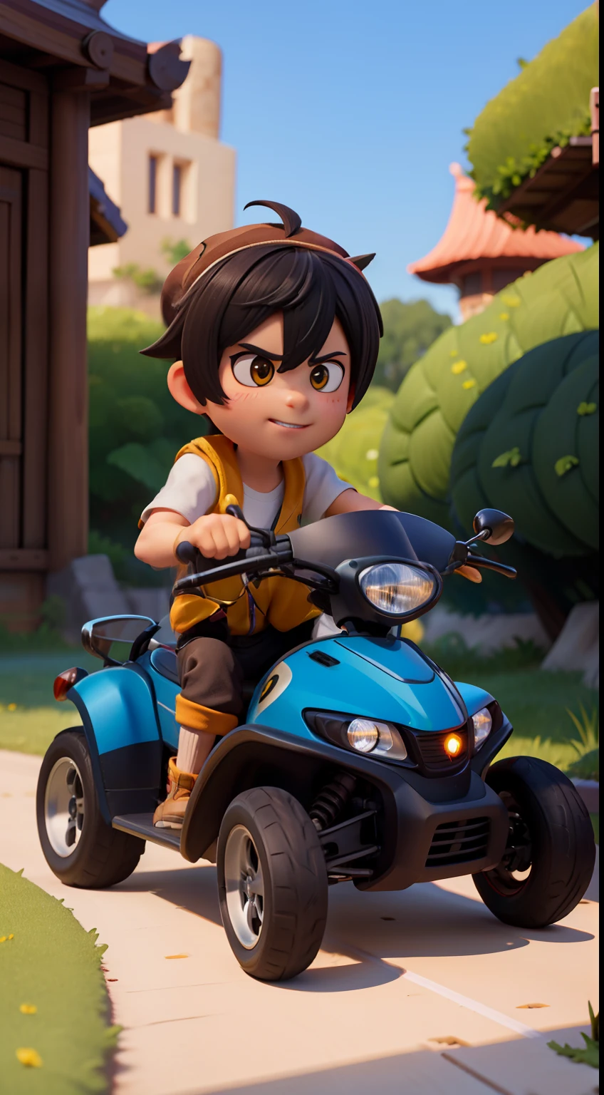 Personajes de Genshin impact Zhongli cabello oscuro con ropa deportiva tipo de carreas arriba de un automovil estilo cartoon color negro con toques dorados y de fondo en una autopista estilo cartoon muy similar a CTR de crash team racing, con un toque muy disney, autos de carreras, arriba de un auto, fondo en un bosque con carretera, auto color negro con dorado