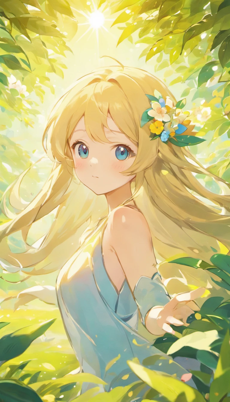 a naked blonde girl, with long hair, covering her boobs with her flowing hair , in the style of tranquil gardenscapes, colorful animation stills, masami teraoka, aquamarine, paul gauguin, Embry style, honest portrayal