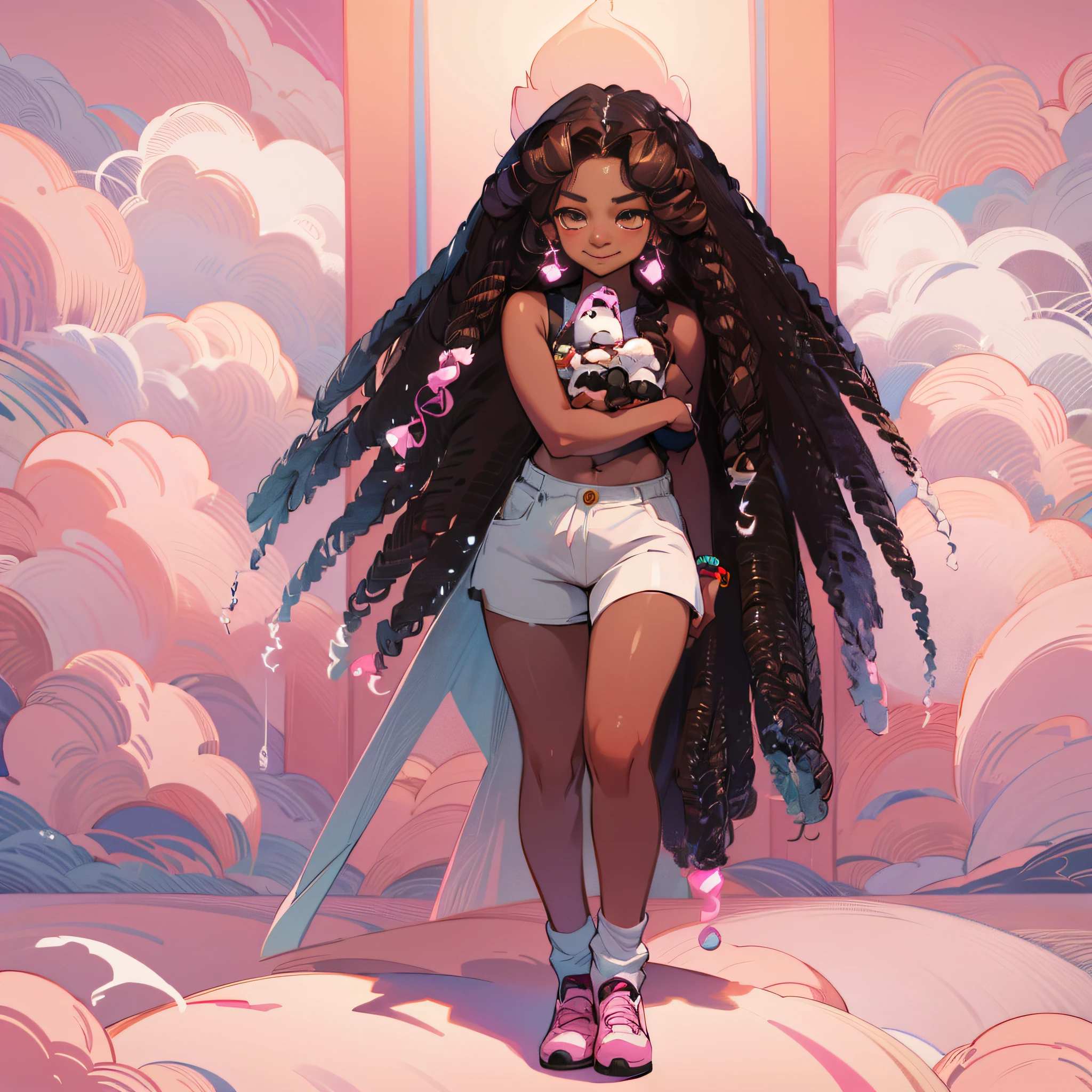 Dyna_Winds, K-pop inspired fancy and cute video scene with a youthful ish looking teengte black dark tan brown skin African American black woman aesthetic in cute clothes long curly hair bubble gum pink cute fluffy pink dress with fluffy sleeves, angelic,music video front shot 中景 the scene is,Full body like, highly detailed surreal vfx,oc rendered,Shot with 70 mm, brown eyes