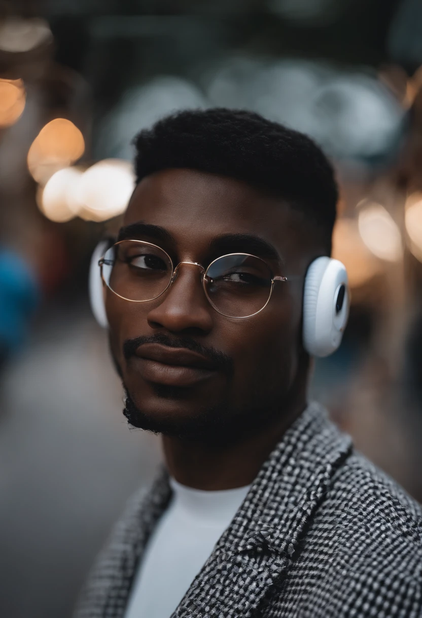 Retrato preto e branco de um pai, utilizando airpods, fone de ouvido, fone de ouvido sem fio