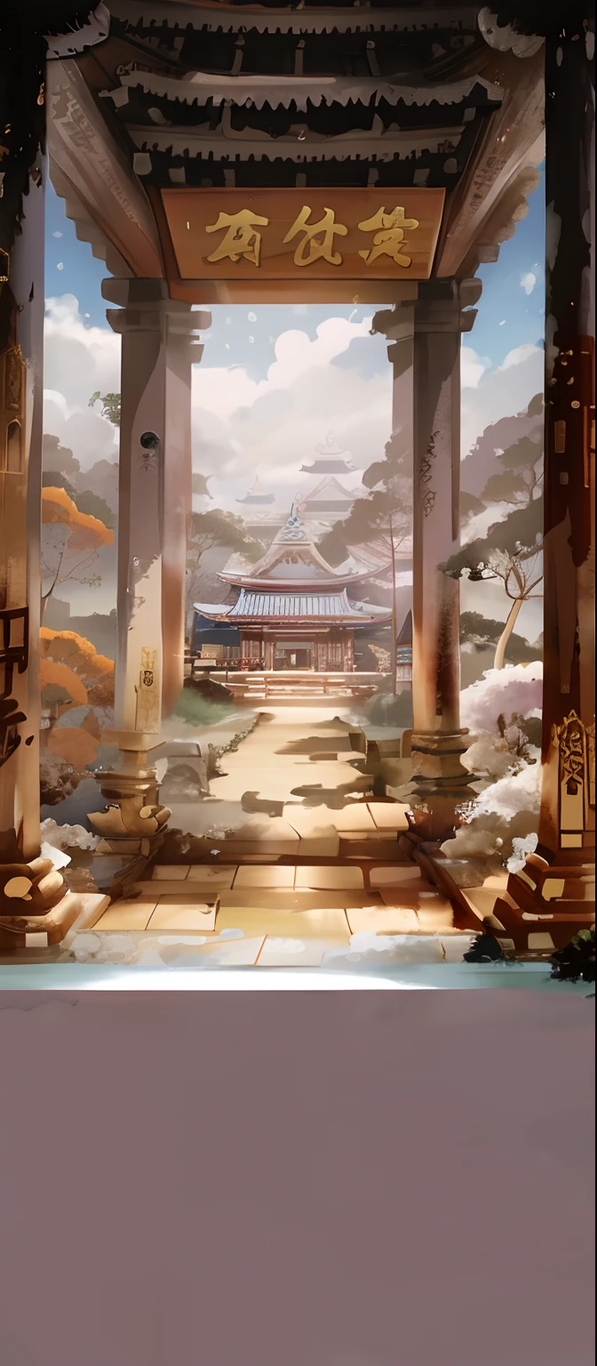 Draw temple landscape with sky background, palace background, Anime background art, Temple background, background depicting a temple, Anime landscape concept art, arte de fundo, mysterious temple setting, anime backgrounds, background artwork, Zen temple background, Anime landscapes, interior background art, Detailed scenery —width 672, library of ruina concept art, ancient ruins background