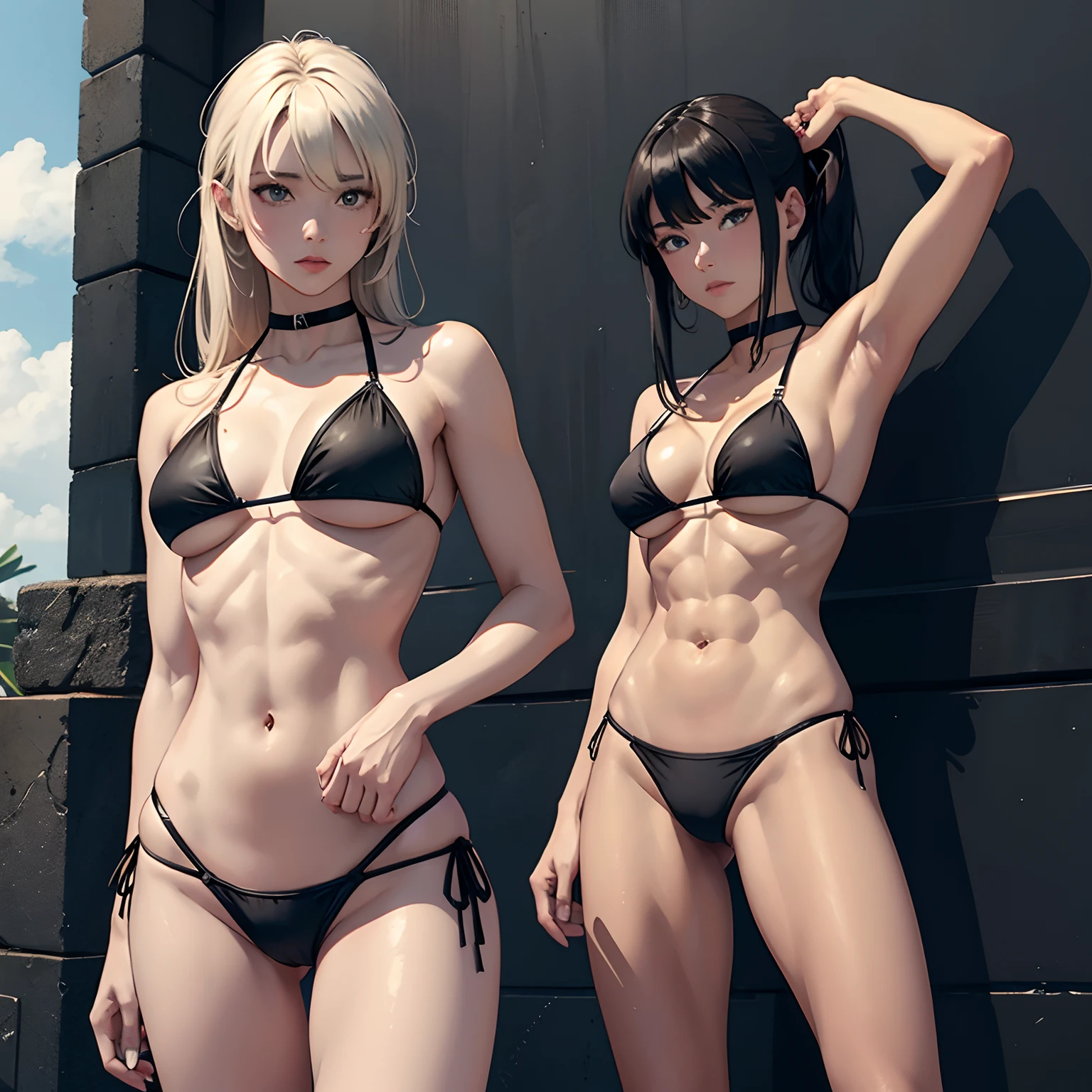 highest quality, eechi, black bikini, muscular adult female