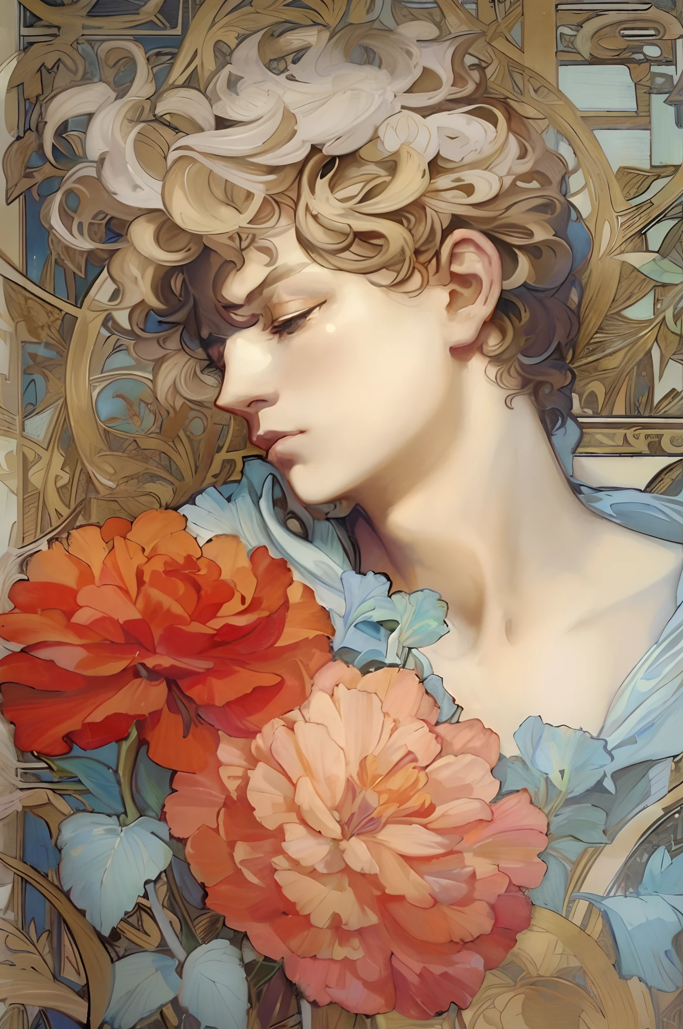 a close up of a painting of a woman with flowers, james jephonse mucha, hyperrealistic art nouveau, james jean soft light 4 k, james jean soft light 4k, james jean marc, alphonse mucha j. c. leyendecker, artem demura. alphonse mucha, james jean andrei riabovitchev