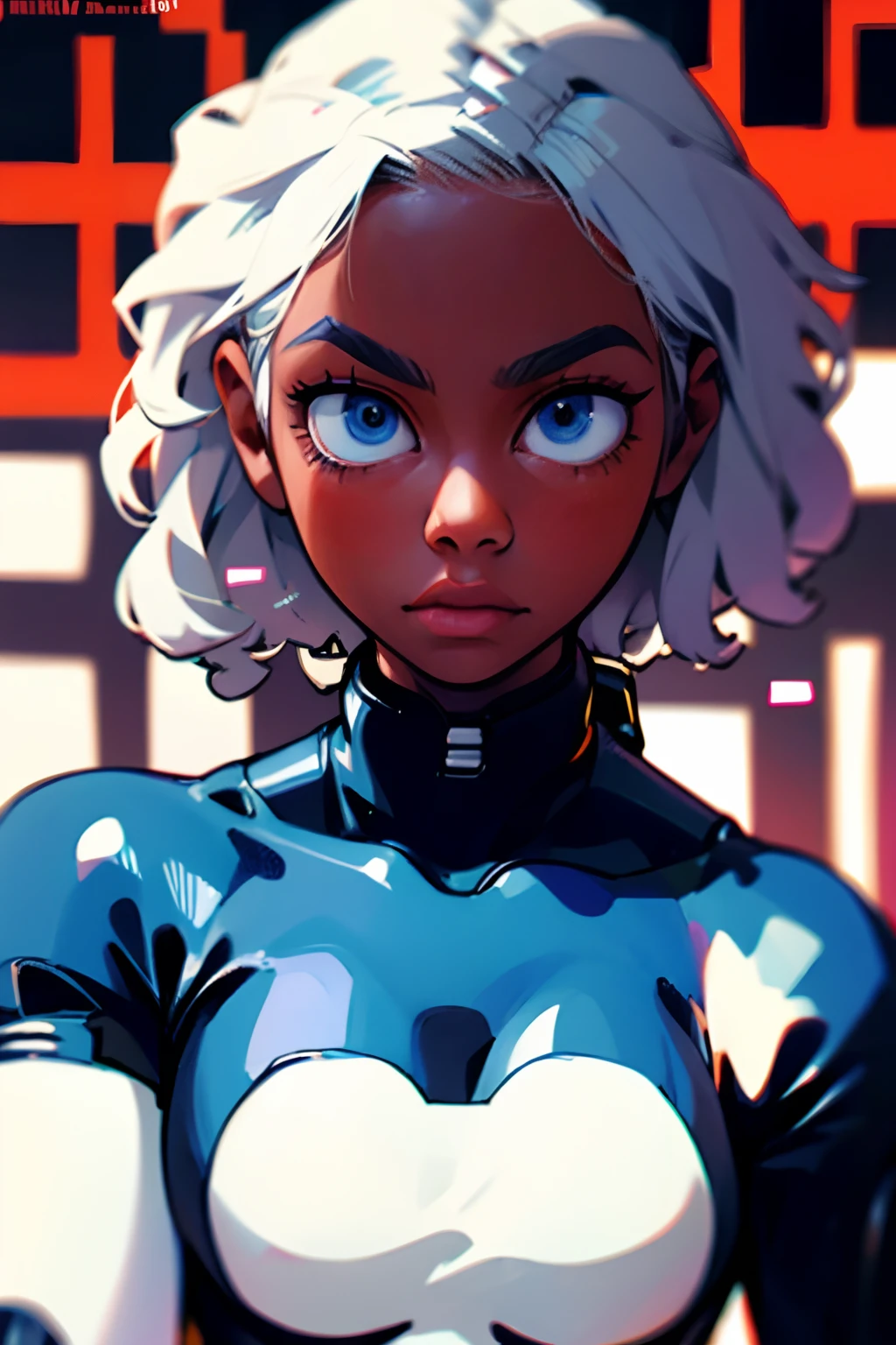 horikoshi kouhei, 1girl, absurdres, white hair, blue eyes, eyebrows, dark skin, blurry, blurry background, boku no hero academia, long fluffy curly hair,twitter username, a cartoon of a young woman, official character art, official art, boku no hero academia style, in a black bodysuit, cyberpunk bodysuit, all black cyberpunk clothes, wearing a black bodysuit, cut out, wearing black tight clothing, skintight black bodysuit, black bodysuit, tight outfit, skintight black clothes, leather bunny costume bodysuit, aeon flux style, bodysuit, intriguing outfit, very sexy outfit, fluffy hair