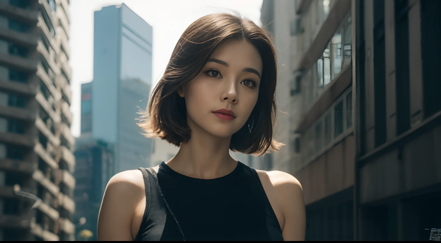 Beautiful hyper-realistic photo of a cute Asian cyberpunk girl, Tragen von Cyberpunk-Tanktop und Oberschenkelhose, Katana halten, bunter neonhintergrund, cluttered Blade Runner background, Dynamische Pose, Konzeptzeichnung, von Brian Froud und Carne Griffiths und Wadim Kashin und John William Waterhouse, Komplizierte Details, 8K-Postproduktion, high resolution, Super detailliert, Auf ArtStation im Trend, Scharfer Fokus, Studio-Fotos, Komplizierte Details, Depth of field, f/2.8, Filmische Ausleuchtung, Dunkle Schatten.