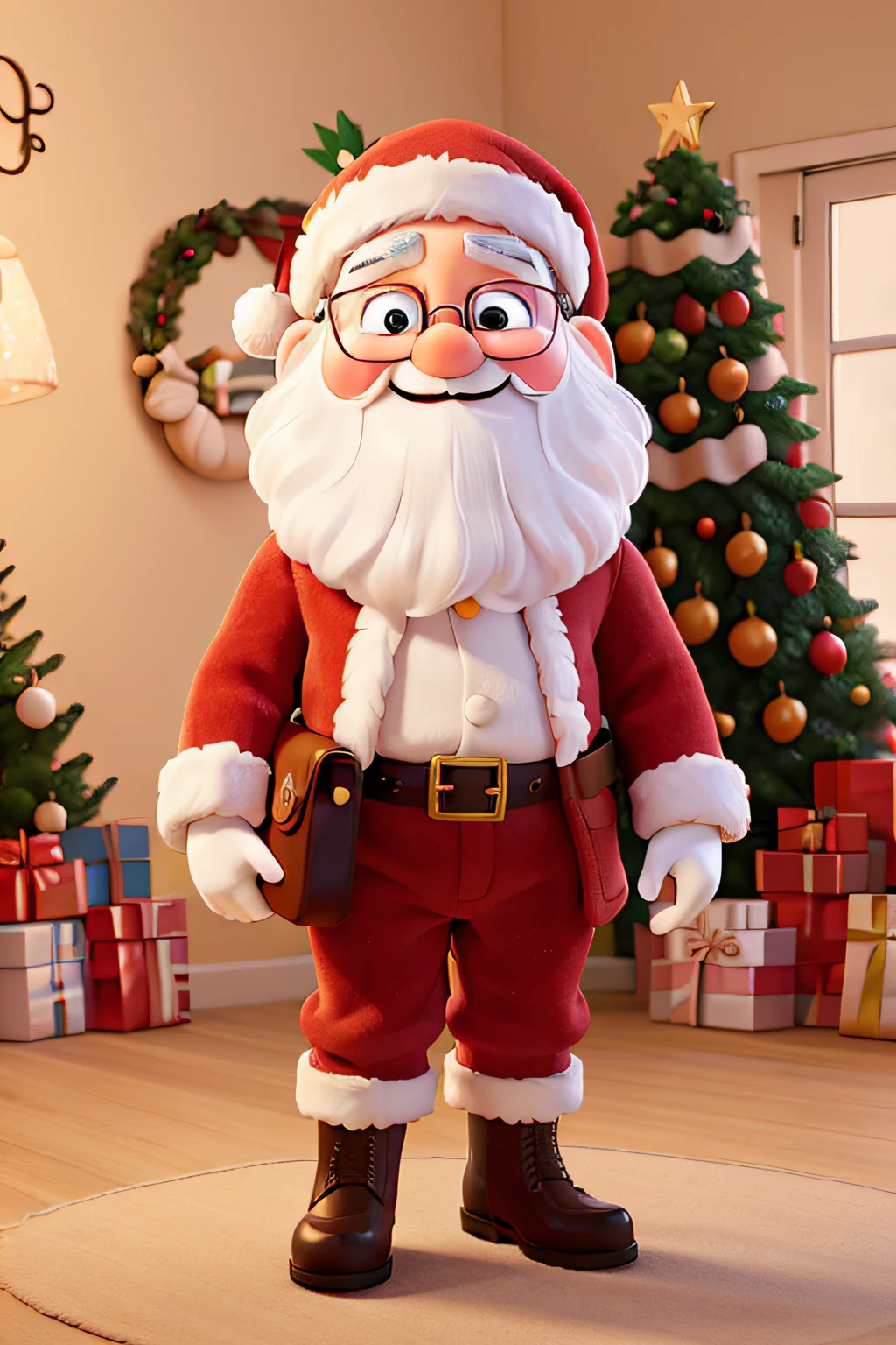 (best quality,highres),Cute Santa Claus, different poses, different expressions, white background, detailed eyes and face, rosy cheeks, jolly smile, twinkling eyes, big round glasses, fluffy white beard, red velvet suit with white fur trim, black belt and shiny gold buckle, black boots, red and white striped stockings, white gloves, holding a sack full of gifts, surrounded by colorful wrapped presents and a Christmas tree in the background, soft and warm lighting, vibrant colors, holiday spirit.