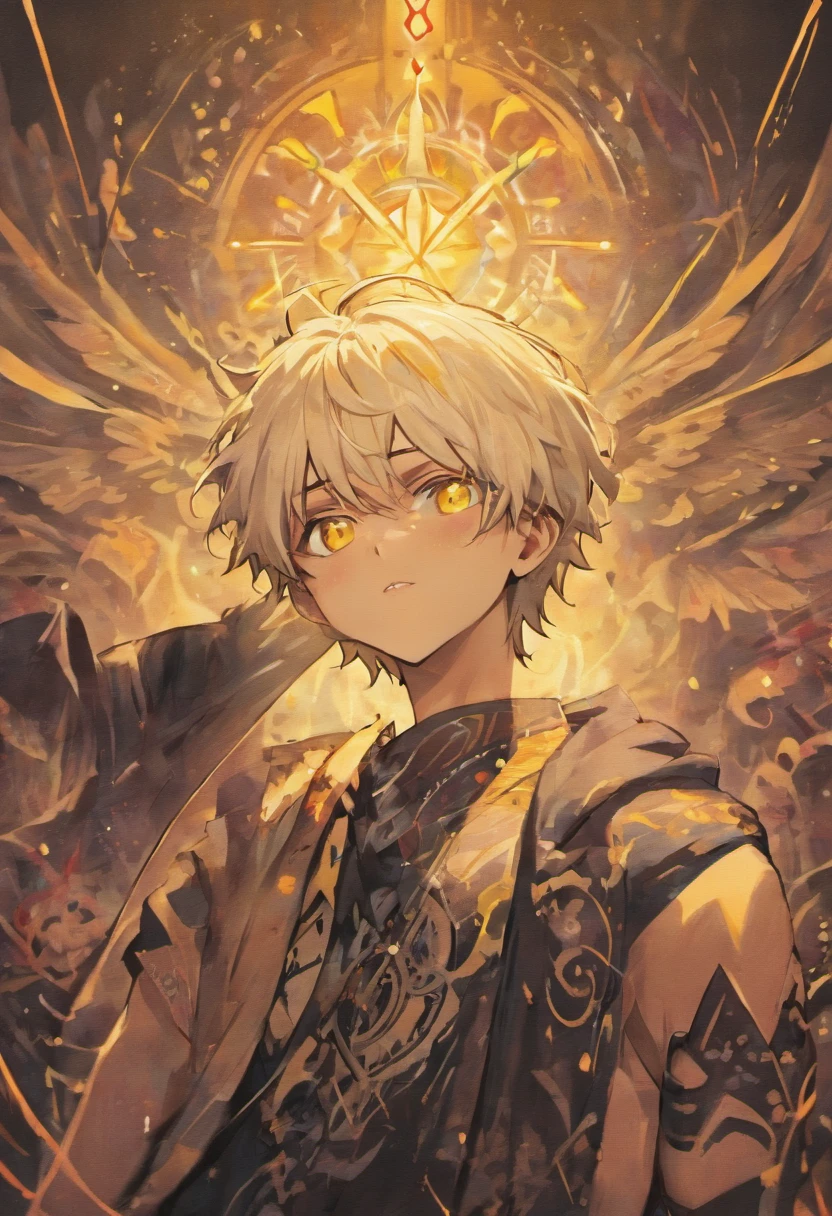 YOUNG MAN WITH STRAIGHT WHITE HAIR WITH YELLOW EYES WITH TATTOOS OF WRITING IN PORTUGUESE AND SUMERIAN BY THE BODY. PALAVRAS E FRASES COMO "INFERNO", "PESADELO", "MORTE", "ERA UMA VEZ", "FIM" TATUADAS PELO CORPO INTEIRO