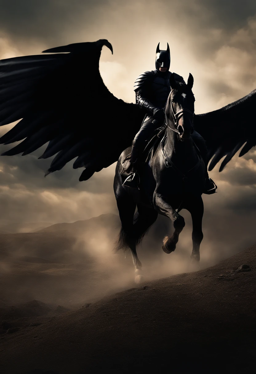 dark knight traveling on his horse (with wings) around the world looking for lost souls in order to take them with him