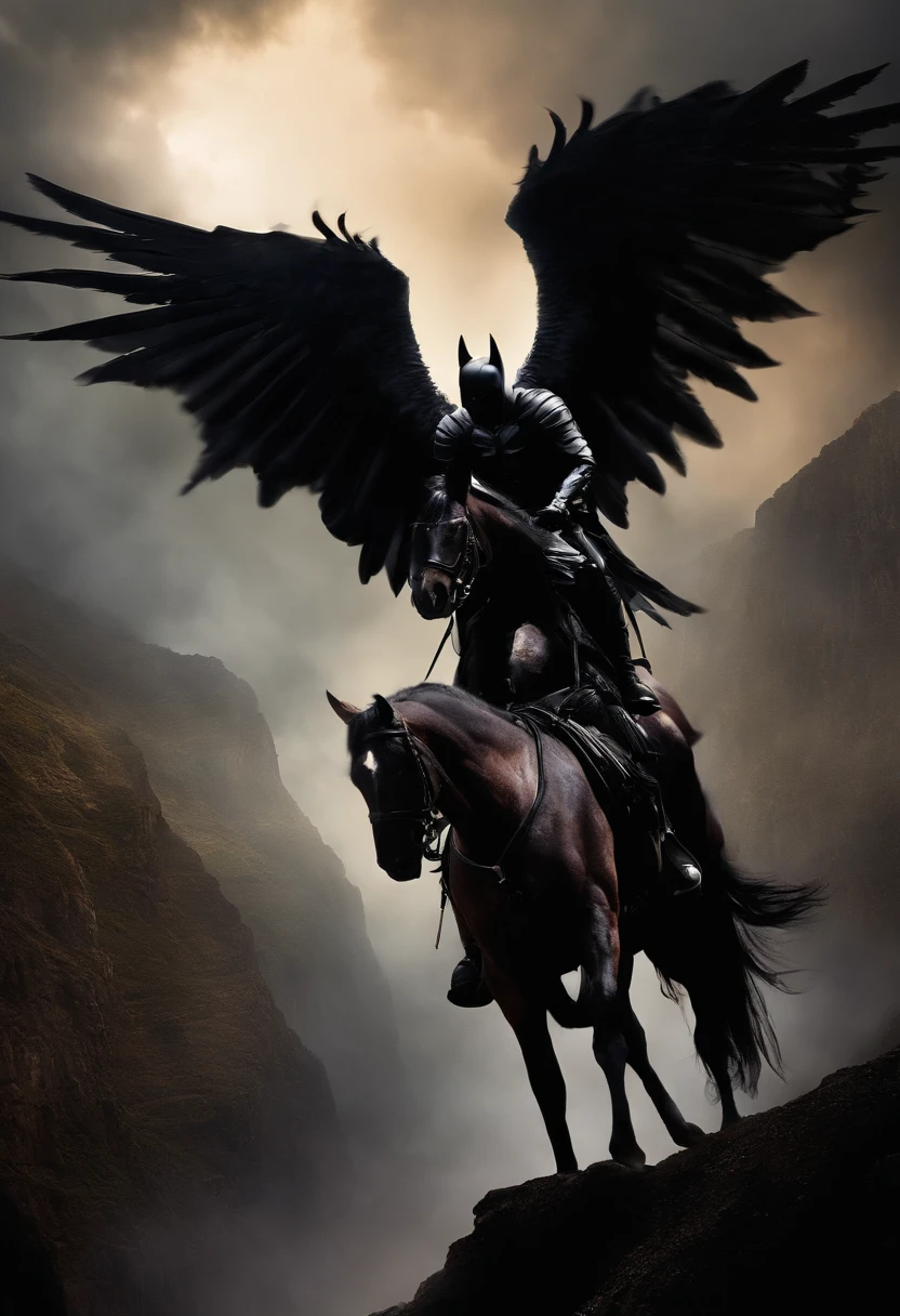 dark knight traveling on his horse (with wings) around the world looking for lost souls in order to take them with him