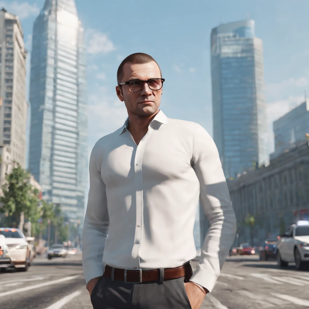 There is a photograph of a man wearing glasses and a white shirt, gta in moscow, GTA 5 comic book art, Comics for GTA 5, Артстиль GTA, 🪔 🎨;🌞🌄, ГТА VI, IN THE STYLE OF GTA, Art style of GTA, GTA loading screen, GTA character, Mirror's Edge в России, alexey gurylev, GTA 6, GTA 6 style