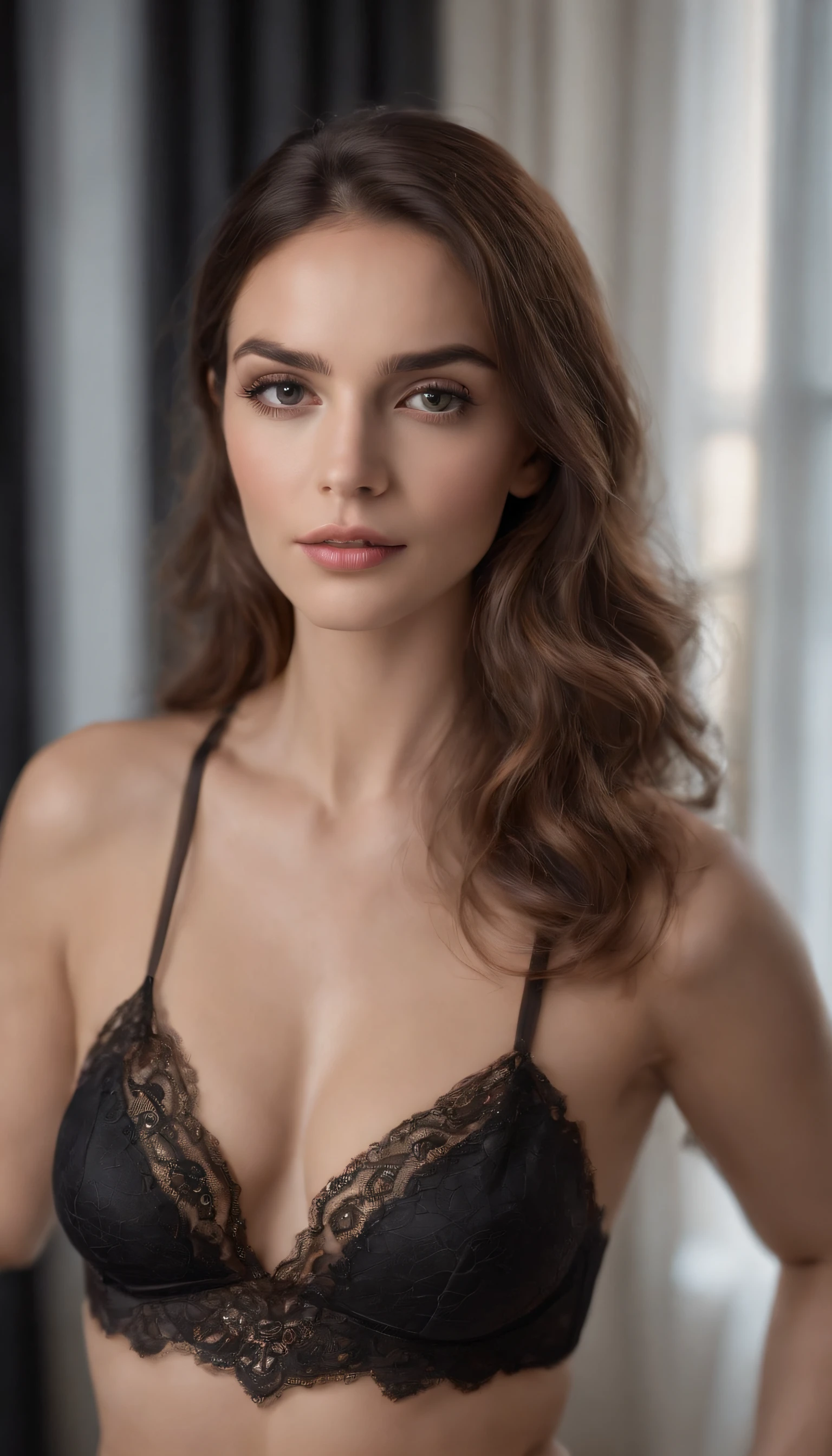 Portrait of a beautiful woman in sexy black lingerie, Cadena de Brasil, Balconette bueno, Ropa interior de lujo, cuarto oscuro con ventana, luz de ventanatetas naturales, Cuerpo apretado de diminuto, cuerpo bronceado, cabello rubio, ojos azules, Collares, jewely, Piel detallada, Cara detallada, 5 dedos, cuerpo completo, Head to feed,Retrato de, from the rear, Vista posterior, Cinematographer, realista, fotorrealista, Hiperrealismo , 8k, Altamente detallado, Arte de color RAW de alto detalle, fuzzy lighting , cinematic lighting, romantic lighting,