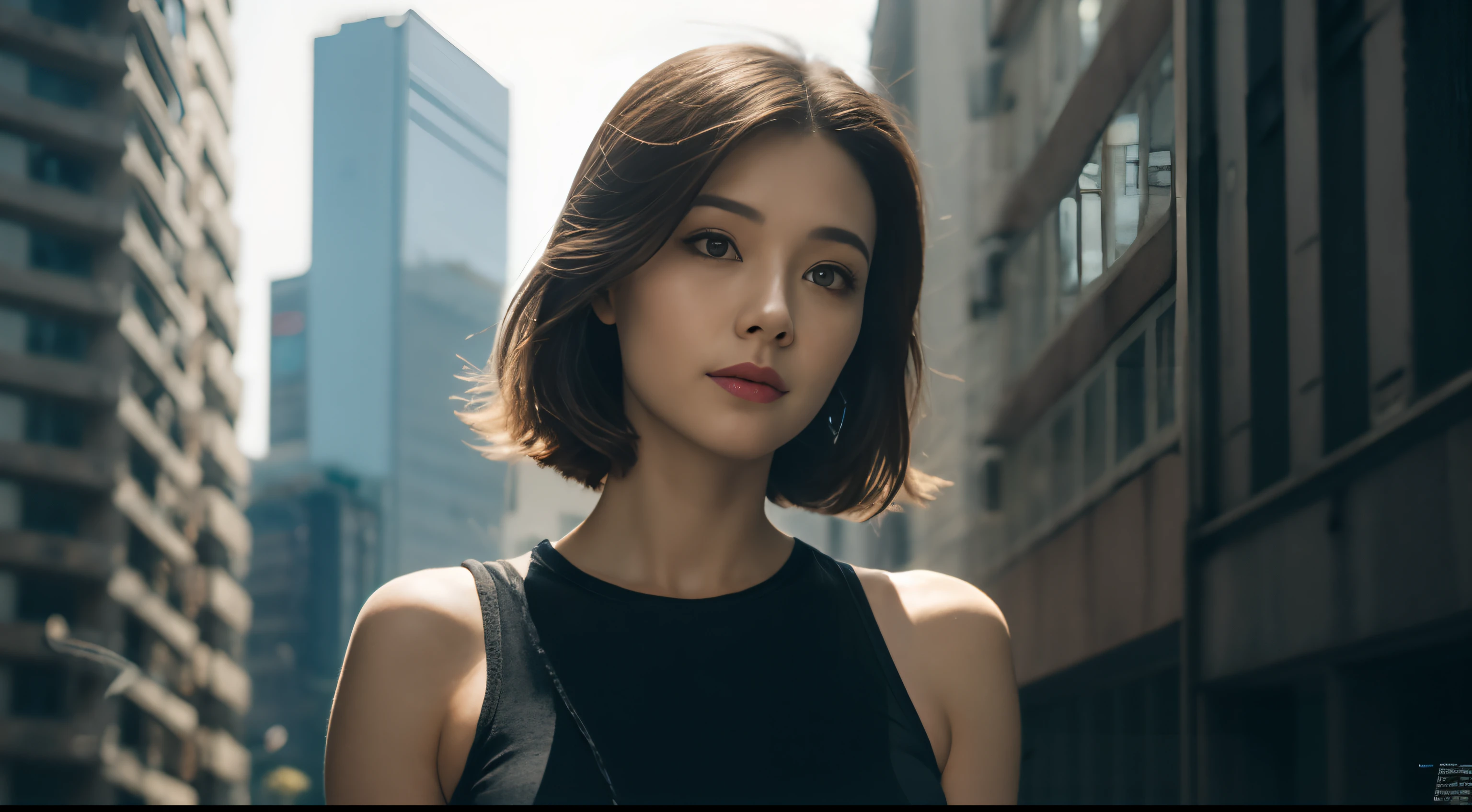 Beautiful hyper-realistic photo of a cute Asian cyberpunk girl, Tragen von Cyberpunk-Tanktop und Oberschenkelhose, Katana halten, bunter neonhintergrund, cluttered Blade Runner background, Dynamische Pose, Konzeptzeichnung, von Brian Froud und Carne Griffiths und Wadim Kashin und John William Waterhouse, Komplizierte Details, 8K-Postproduktion, high resolution, Super detailliert, Auf ArtStation im Trend, Scharfer Fokus, Studio-Fotos, Komplizierte Details, Depth of field, f/2.8, Filmische Ausleuchtung, Dunkle Schatten.