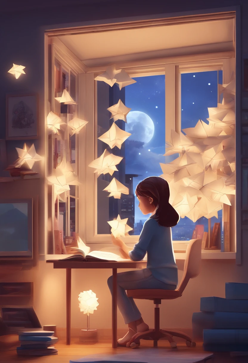 beautiful teenager in her room in the city waring earpads studding a book computer infront stars in window at night time hyper realistic,8k,ultra detailed hd,pixar style,high definition,16:9