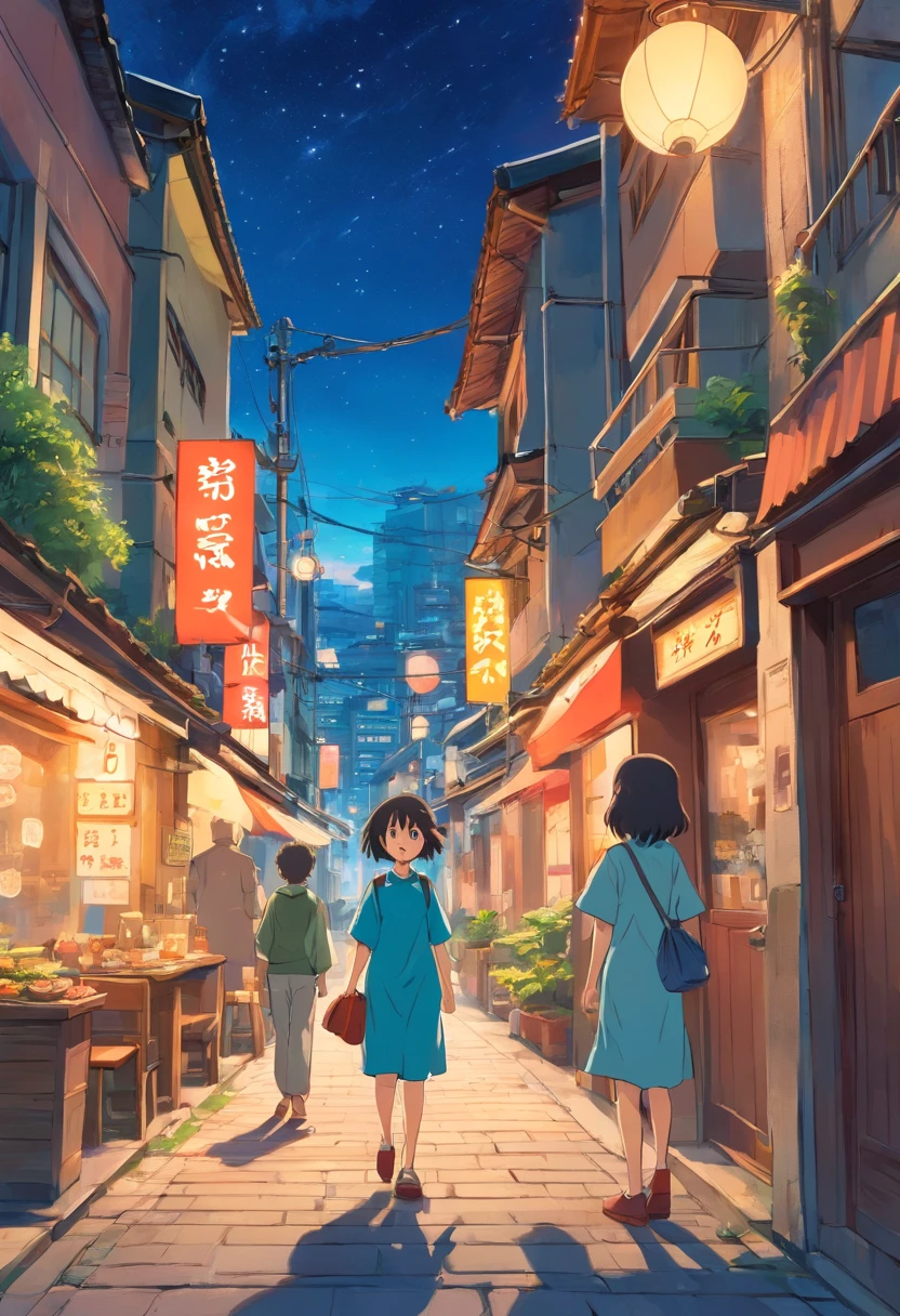 comic strip,Hong Kong comic book style,Fengyun comic style,(((Cartoon Split))),(((Comic storyboard))),Two-dimensional picture,Estilo de Makoto Shinkai,Makoto Shinkai manga art,teens girl,The narrow streets of the town,starrysky,vibrant with colors,Hyper-realistic,Ultra photo realsisim,super-fine,Smooth lines,high qulity,8K,tmasterpiece