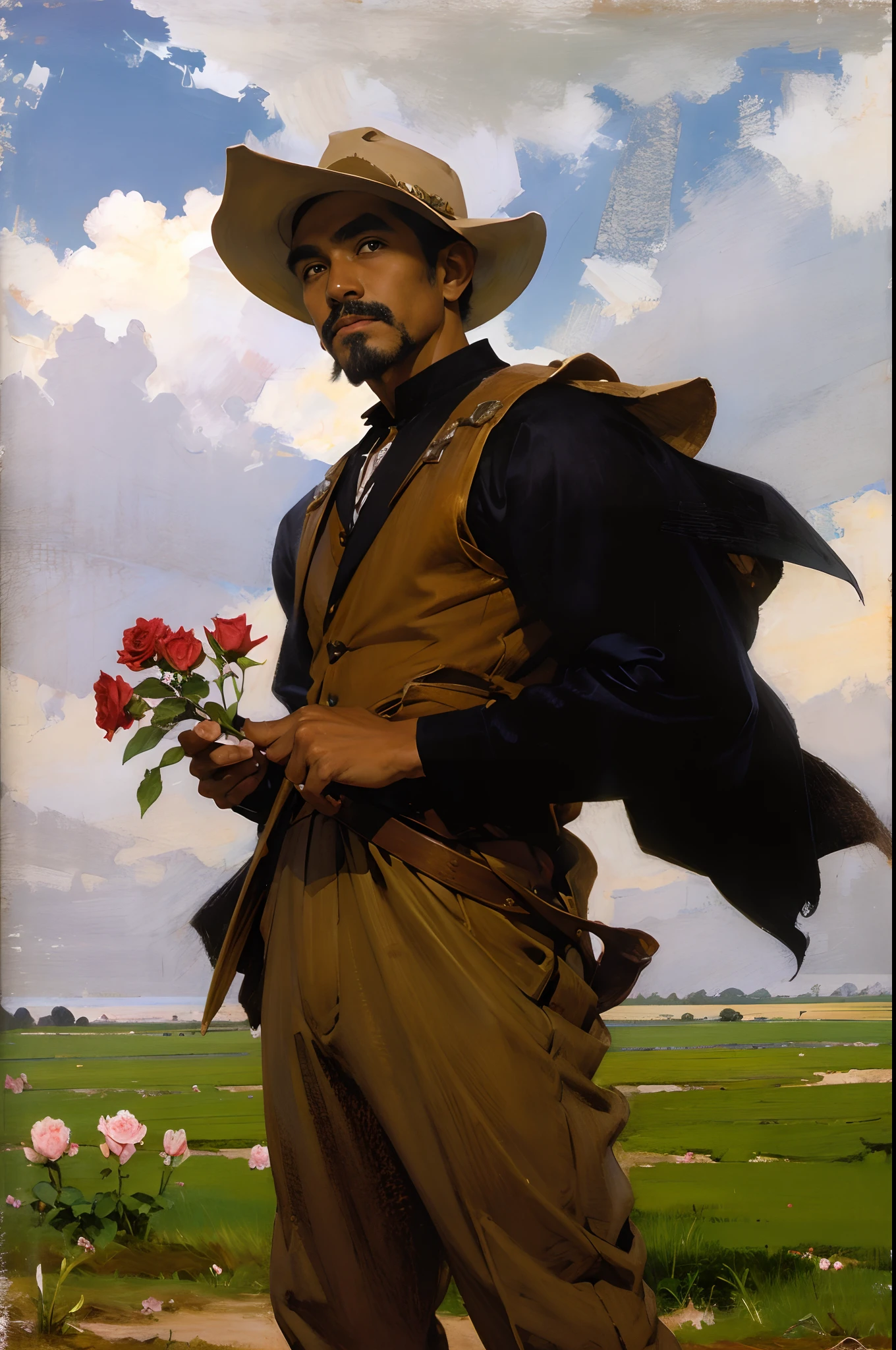 lone male cowboy holding wild roses on a field, brown attire, filipino american, light facial hair, medium length wavy hair