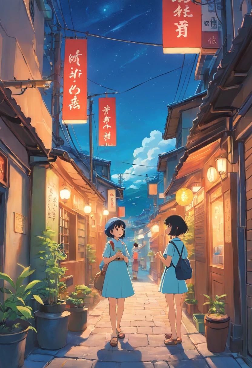 comic strip，Hong Kong comic book style，Fengyun comic style，（（（Cartoon Split））），（（（Comic storyboard））），Two-dimensional picture，Estilo de Makoto Shinkai，Makoto Shinkai manga art，teens girl，The narrow streets of the town，starrysky，vibrant with colors，Hyper-realistic，Ultra photo realsisim，super-fine，Smooth lines，high qulity，8K，tmasterpiece