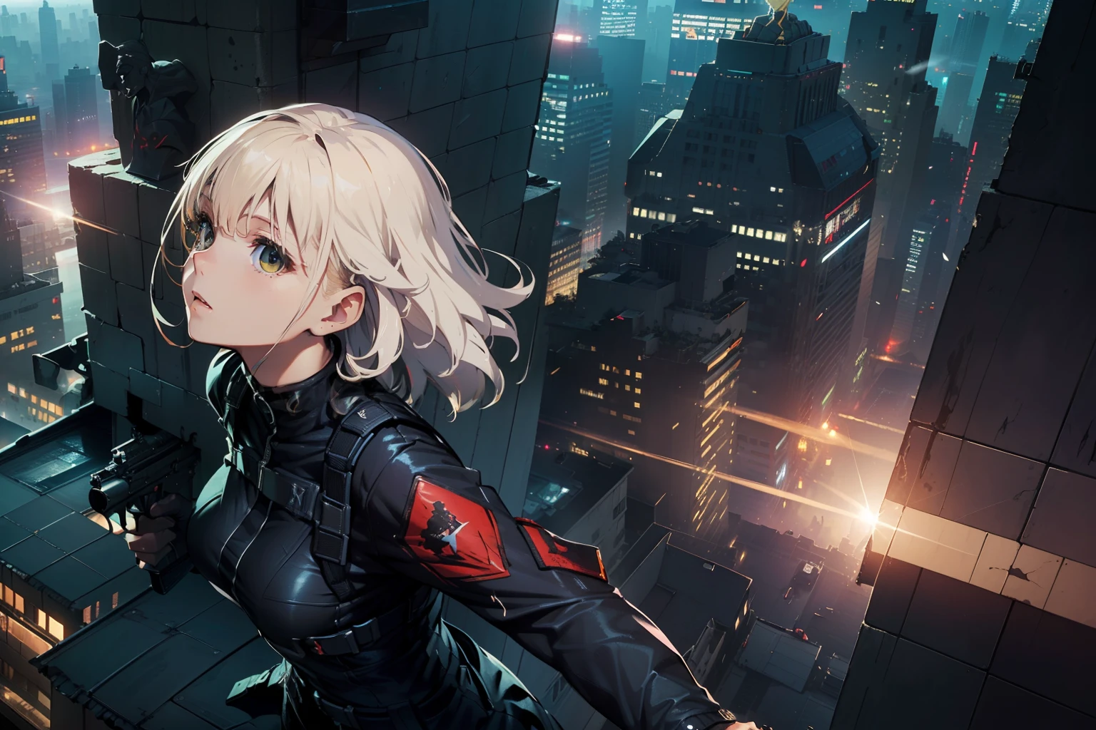 (Trained female soldiers)、((Aim and fire your rifle:1.4、Sniper stance:1.2、guns、h&K HK416))、1 Women、thick body、(Black combat uniform)、(platinum-blonde-hair:1.2)、((超A high resolution))、Detail Write、​masterpiece、top-quality、extremely details CG、8K picture quality、Cinematographic lighting、lensflare、((Skyscraper rooftop at night:1.4))、Hyper-detailing、(((Dynamic Angle Bust Shots:1.6)))、(Detailed firearm depiction:1.2)、Rifle with perfect detail、Perfect barrel that does not distort、Fighter in the sky、Military drones