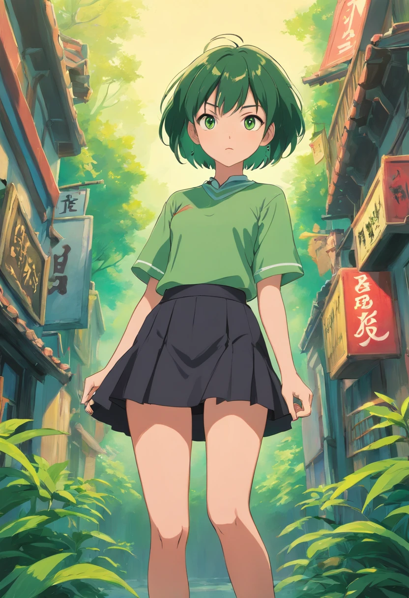 morena, black mini skirt, Green eyes, Short Hair Hair, Offended