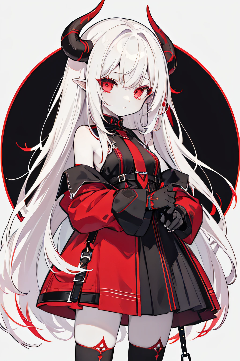 Female, 1 girl, color skin: pale, color eye: crimson, hair long white hair and black and red horns, red dress with laces crossing each other with white and black details, she wears long black fingerless gloves, color pallet crimson, NSFW