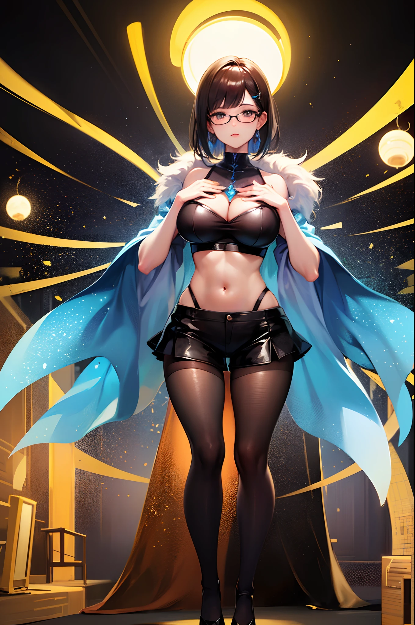 (Best quality, 4k, highres, masterpiece:1.2), ultra-detailed, realistic, anime, studio lighting, physically-based rendering, shiny glasses lenses, sharp focus, vivid colors, bokeh, short dark hair, dark skin, (huge breasts:1.3), closed-mouth expression, wearing ultra mini clothes, revealing clothes, show off her body, a lot of bar skin, one girl levitating, giant glowing orb held with both hands, two smaller glowing spheres orbiting around her.