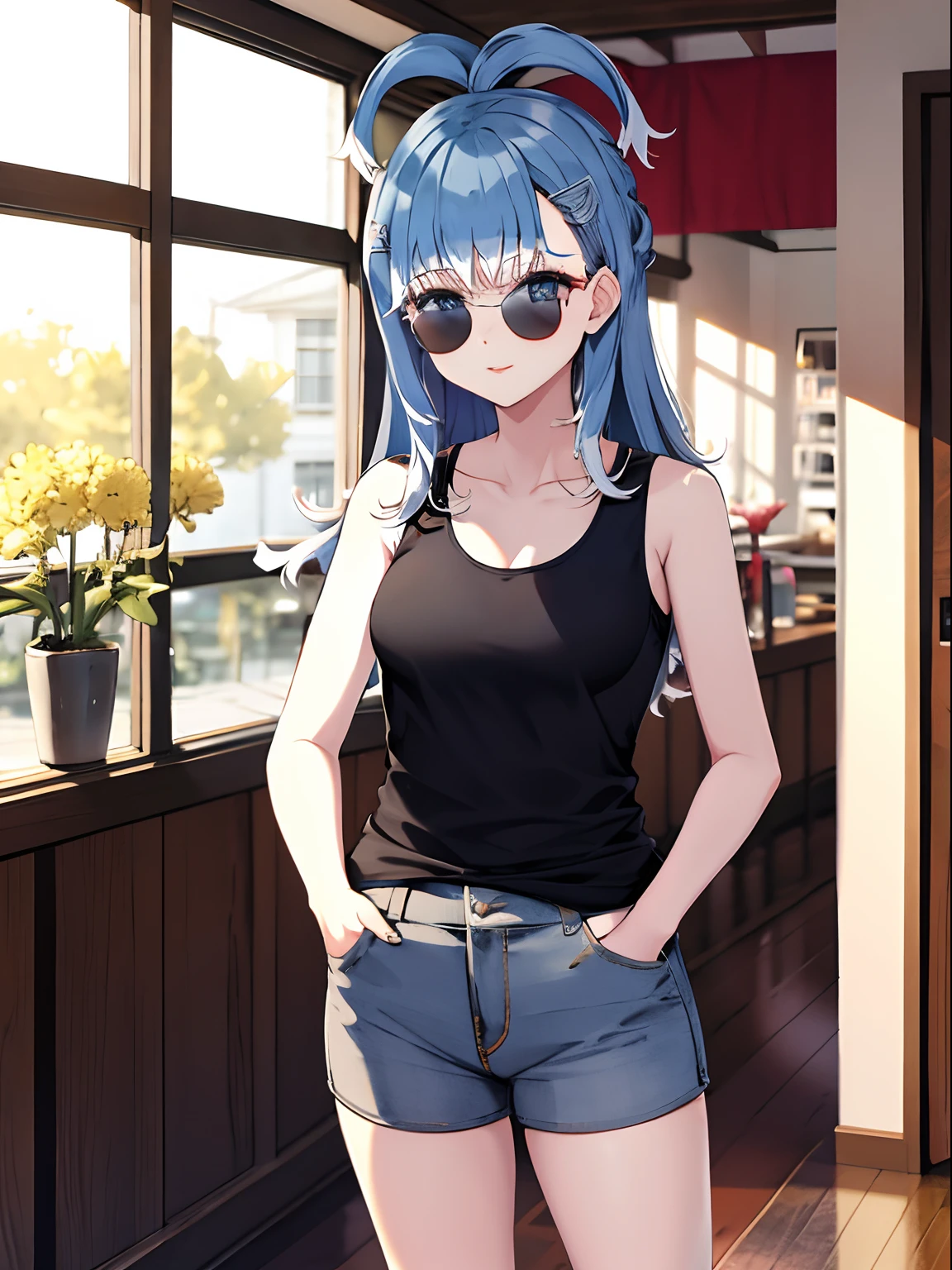 Wearing black tight tanktop, short jeans, hand in pocket, sunglasses, inside house