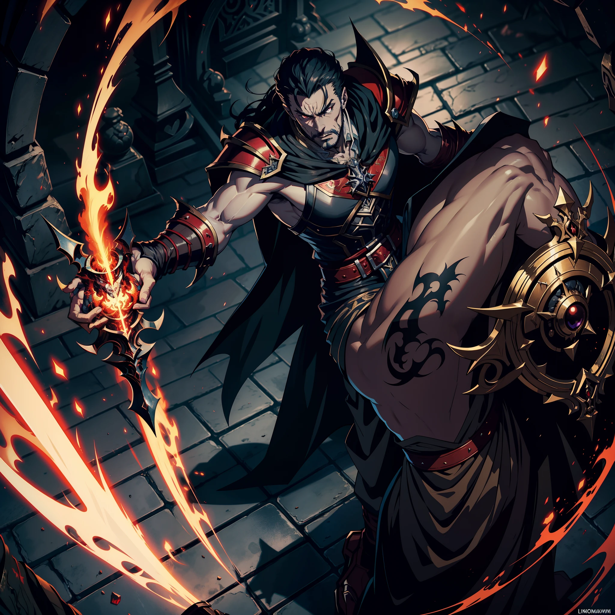 Castlevania Shadow Lord hyper realistic super detailed Lord Dracula handsome muscular wearing angry Islamic armor 3points perspective view bottom shot hyper realistic super detailed Dynamic shot Cinematic scenes from the movie Characters